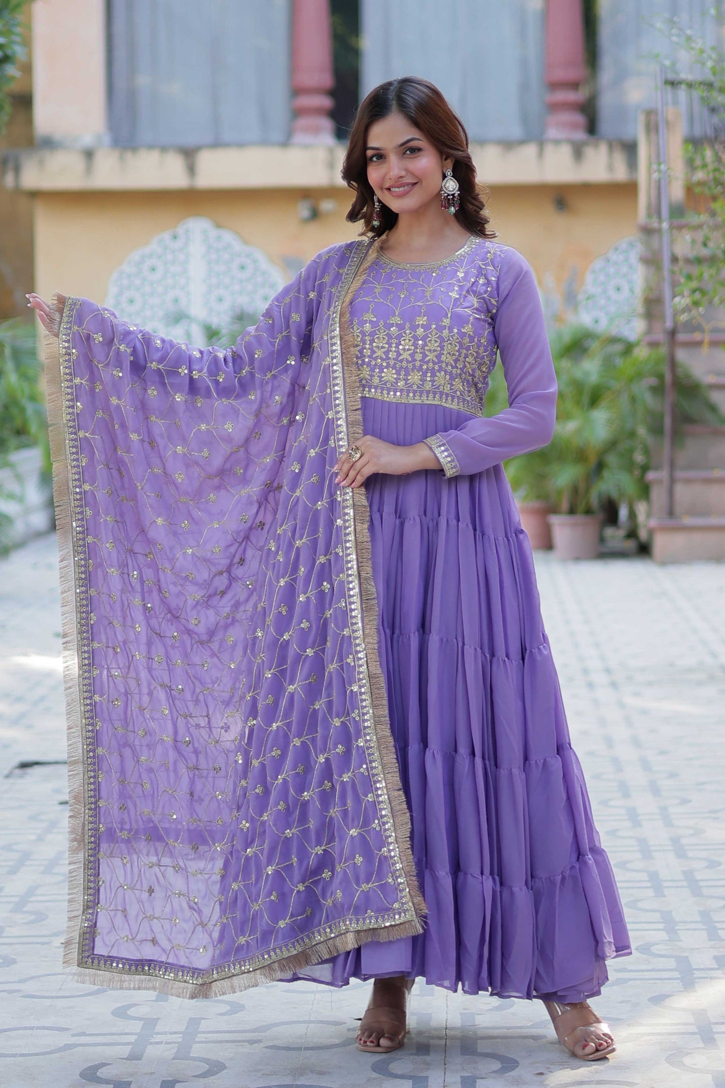 Women's Fully Flared Star Georgette Gown with Embroidered Dupatta – 15-Meter Flair & 5-Layer Frill Stitching