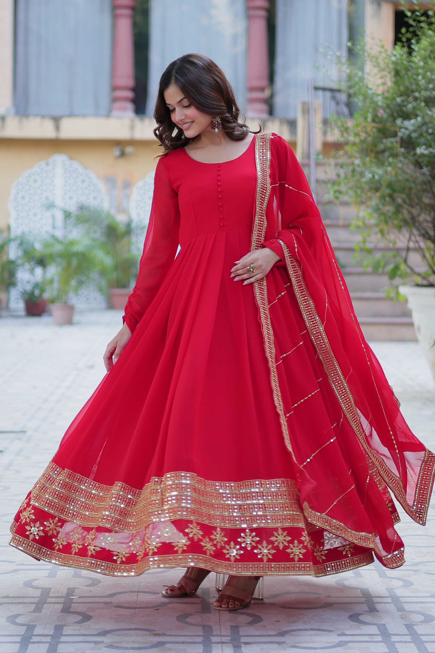 Faux Blooming Embroidered Gown with Dupatta – Multi-Sequins Work & Full Flair