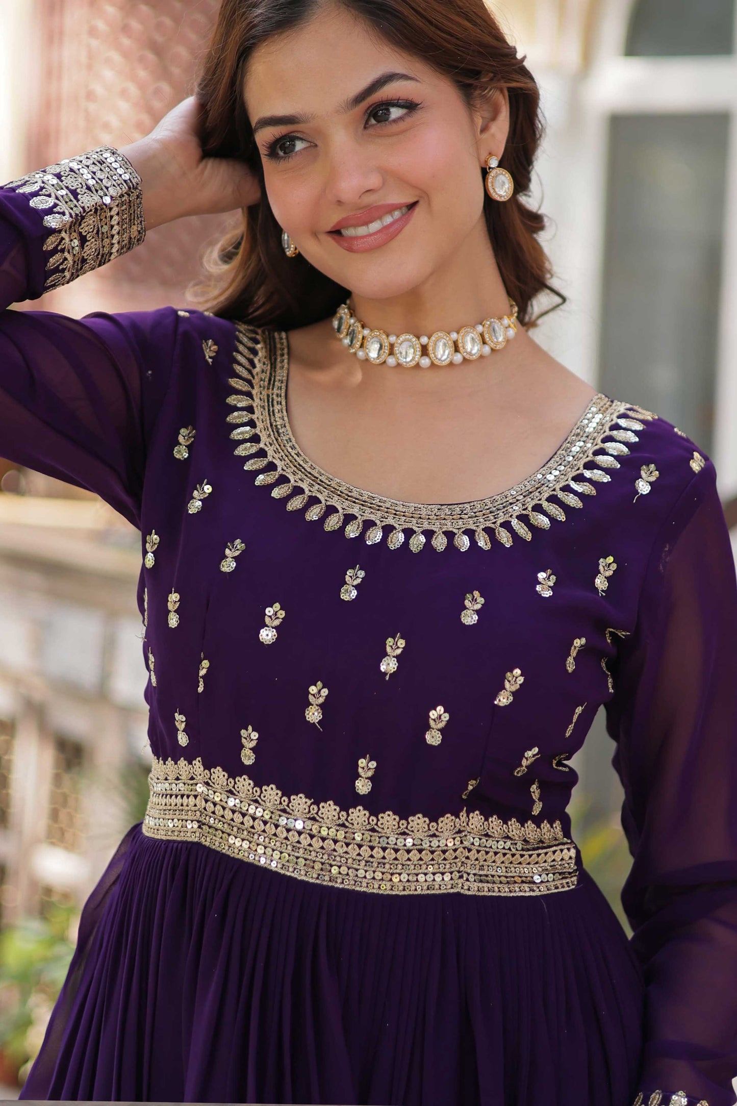 Elegant Faux Blooming Embroidered Gown with Dupatta – Zari & Sequins Work