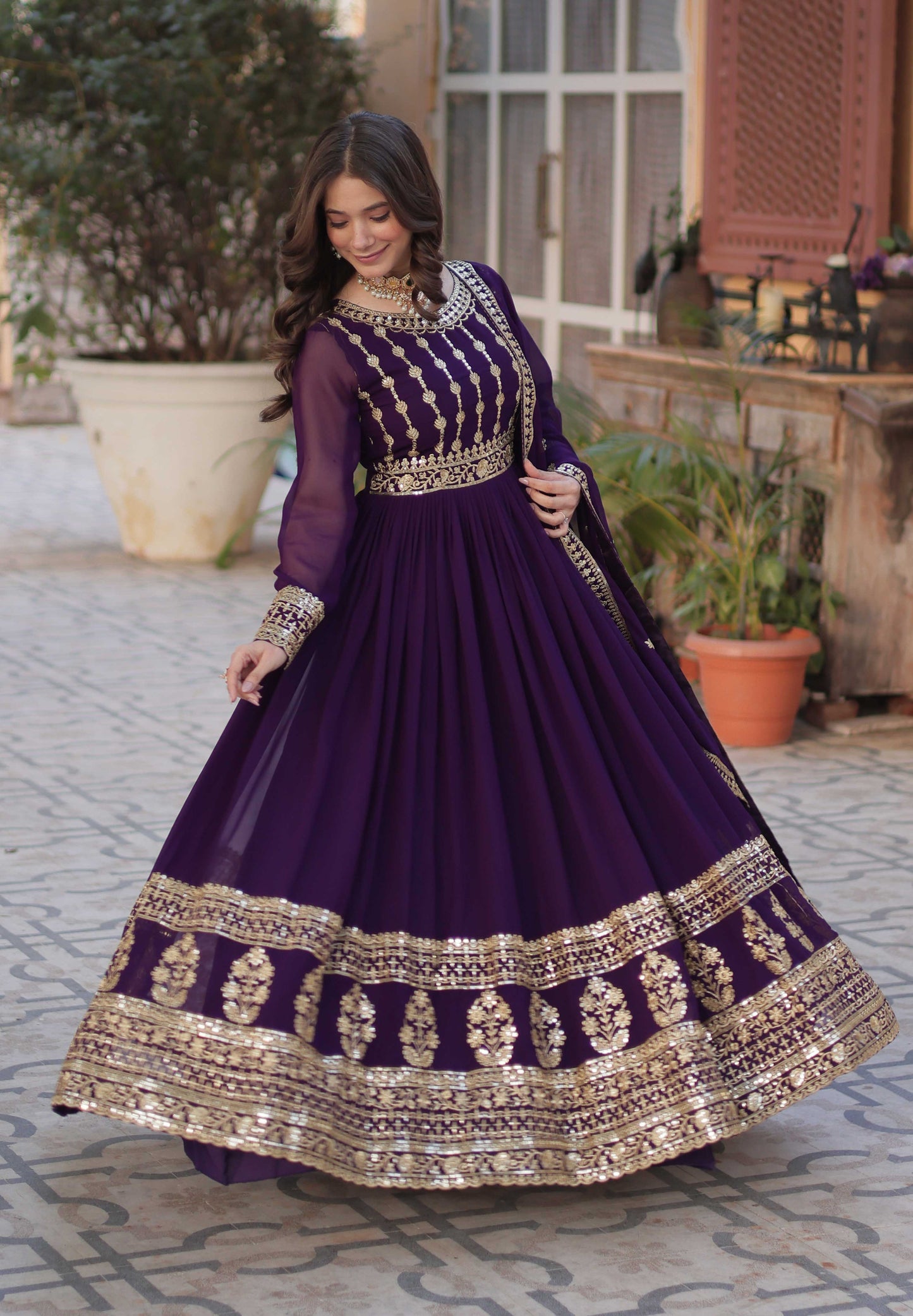 Premium Designer Readymade Gown with Dupatta – Zari & Sequins Embroidery