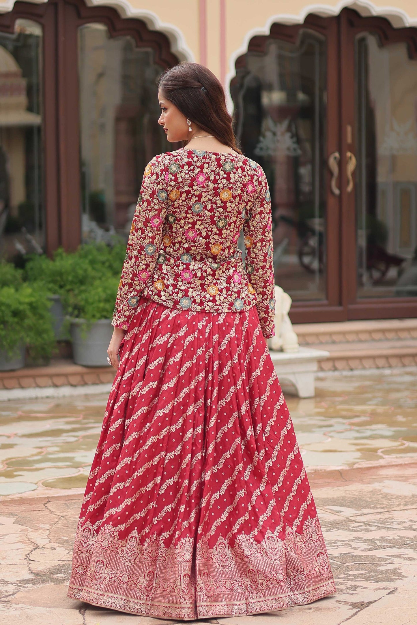 Premium Designer Sequins Embroidered Readymade Co-ord Set – Peplum Top & Flared Lehenga Free size (42')