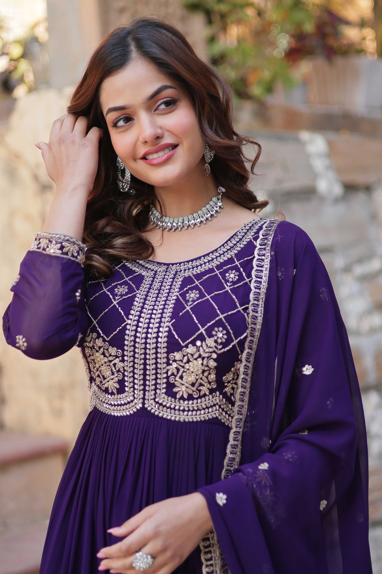 Premium Readymade Faux Blooming Gown with Sequins & Beads Embroidery + Dupatta – Elegant Full-Length Ensemble