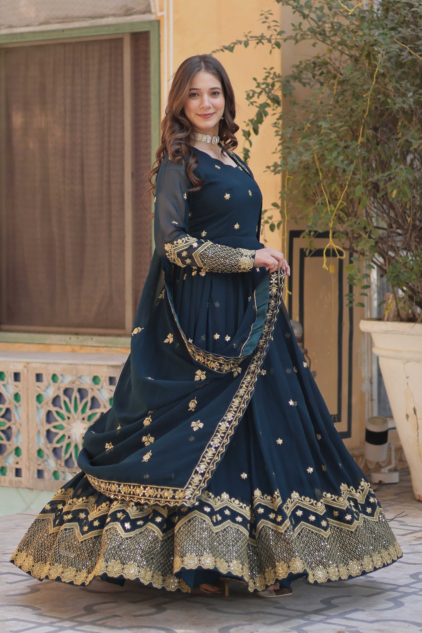 Premium Designer Readymade Gown with Dupatta – Zari & Sequins Embroidery | 2025 Collection