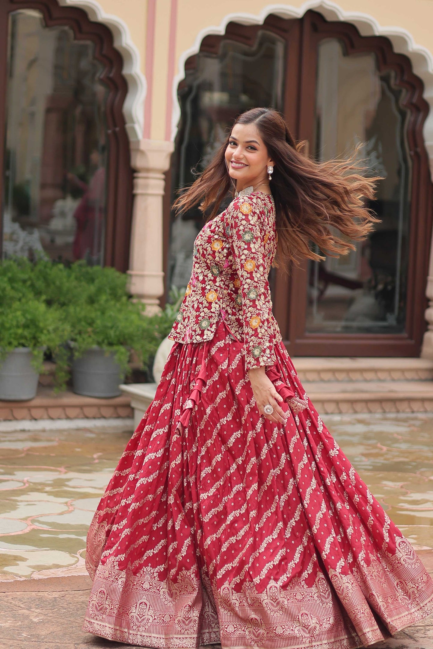 Premium Designer Sequins Embroidered Readymade Co-ord Set – Peplum Top & Flared Lehenga Free size (42')