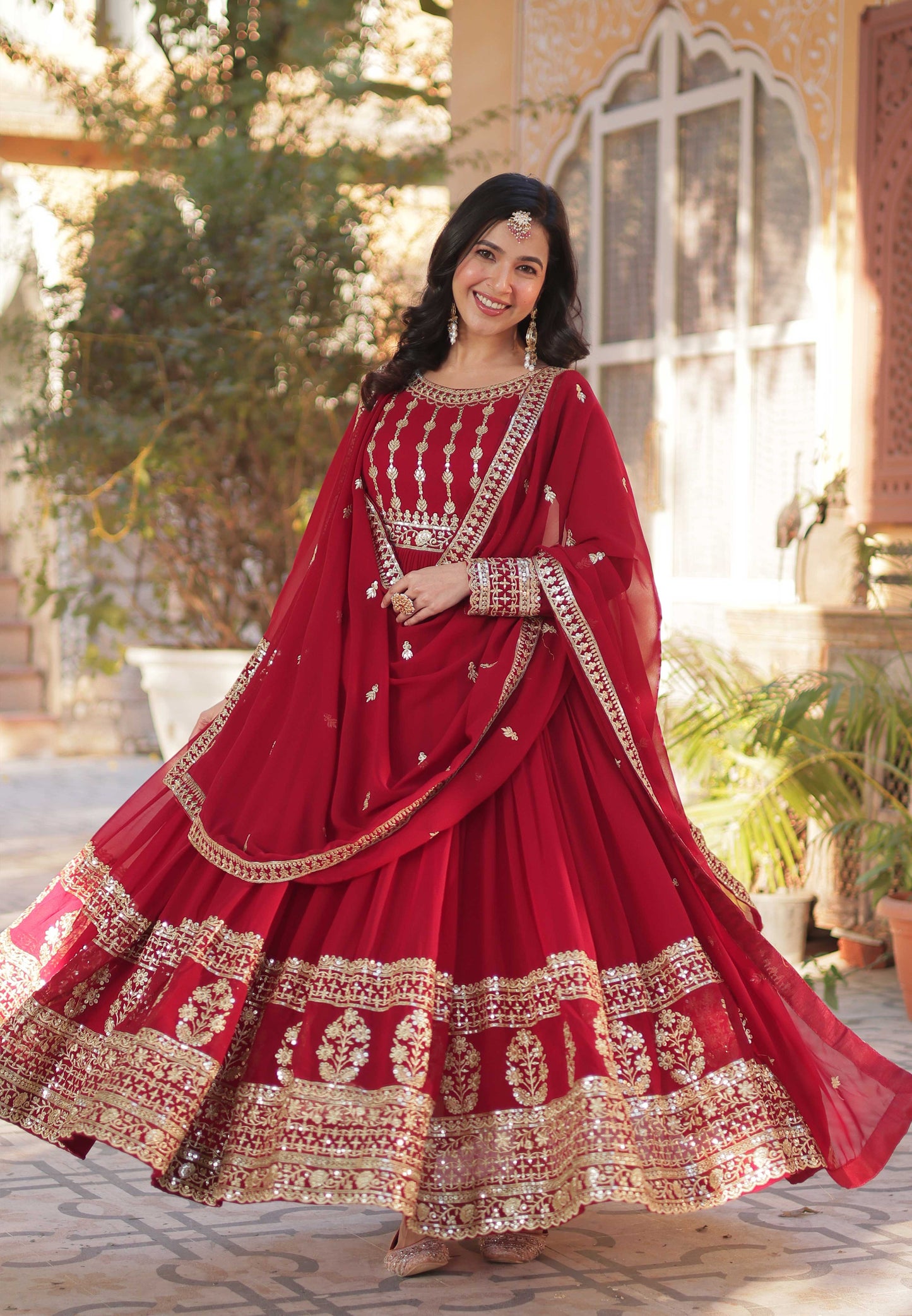Premium Designer Readymade Gown with Dupatta – Zari & Sequins Embroidery