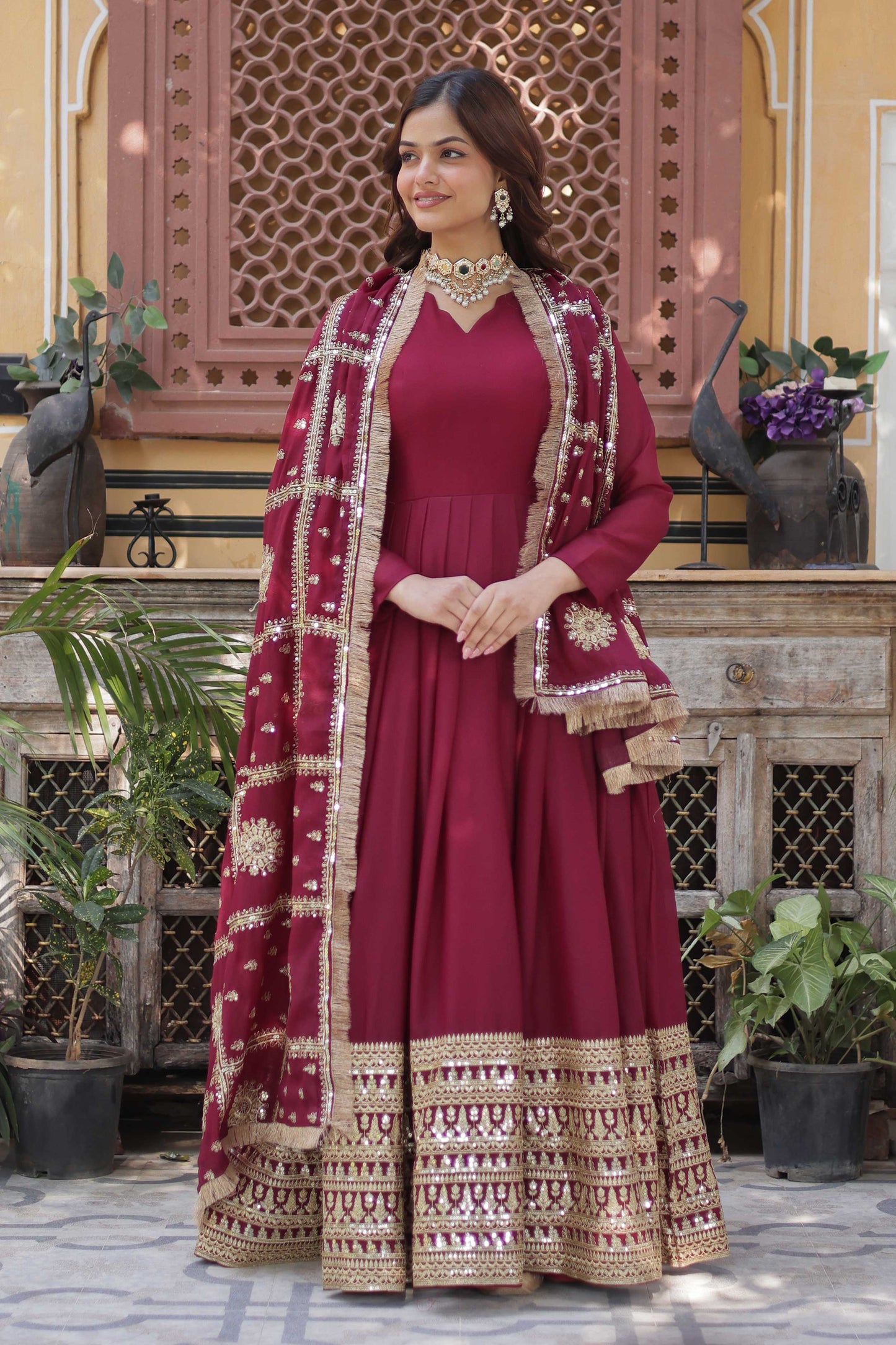 Premium Designer Star Georgette Gown with Dupatta – Zari & Sequins Embroidery