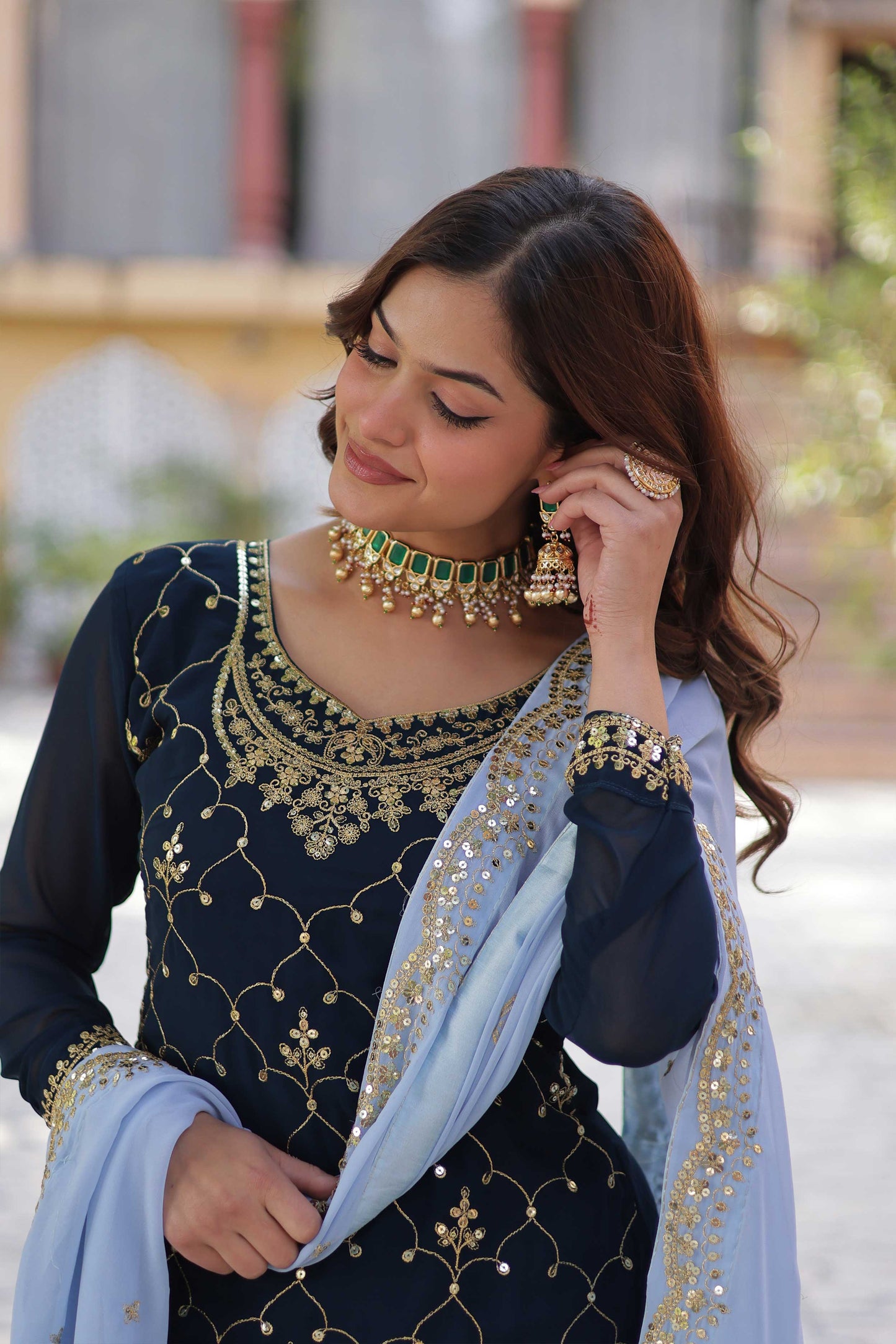 Premium Designer Kurti Plazzo Dupatta Set – Faux Blooming with Sequins Embroidery & Cutwork Dupatta