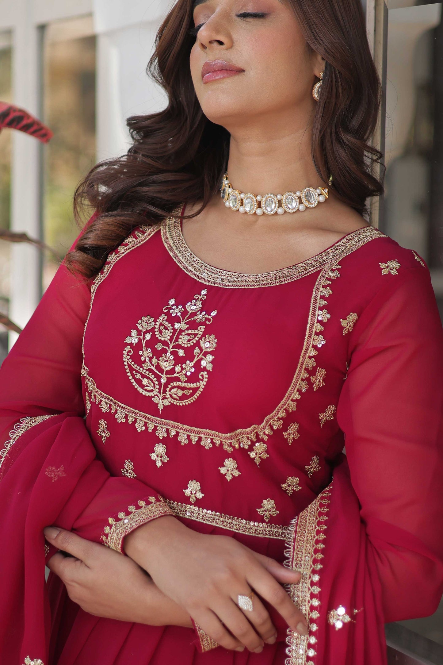 Faux Blooming Georgette Embroidered Gown with Dupatta β Rich Sequins Work & Lace Border
