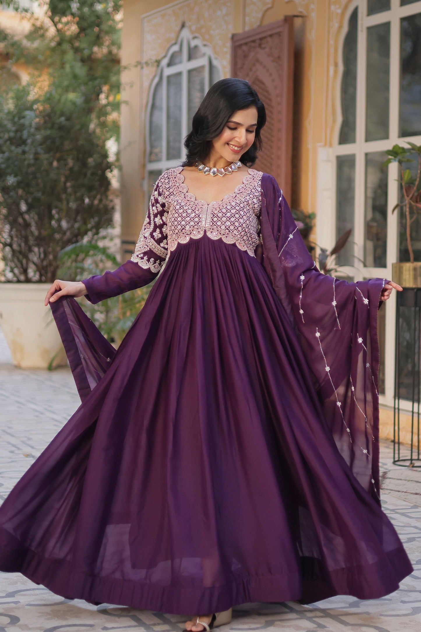 Premium Designer Readymade Gown with Dupatta – Star Georgette & Embroidery Bead Sequins Work