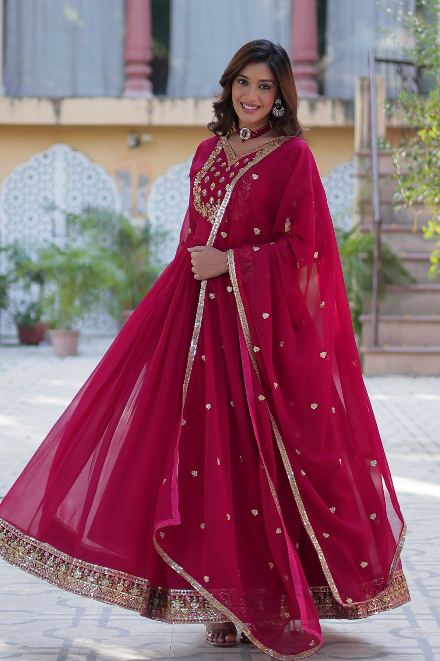 Elegant Faux Blooming Georgette Gown with Dupatta – Rich Sequins Embroidery & Lace Border