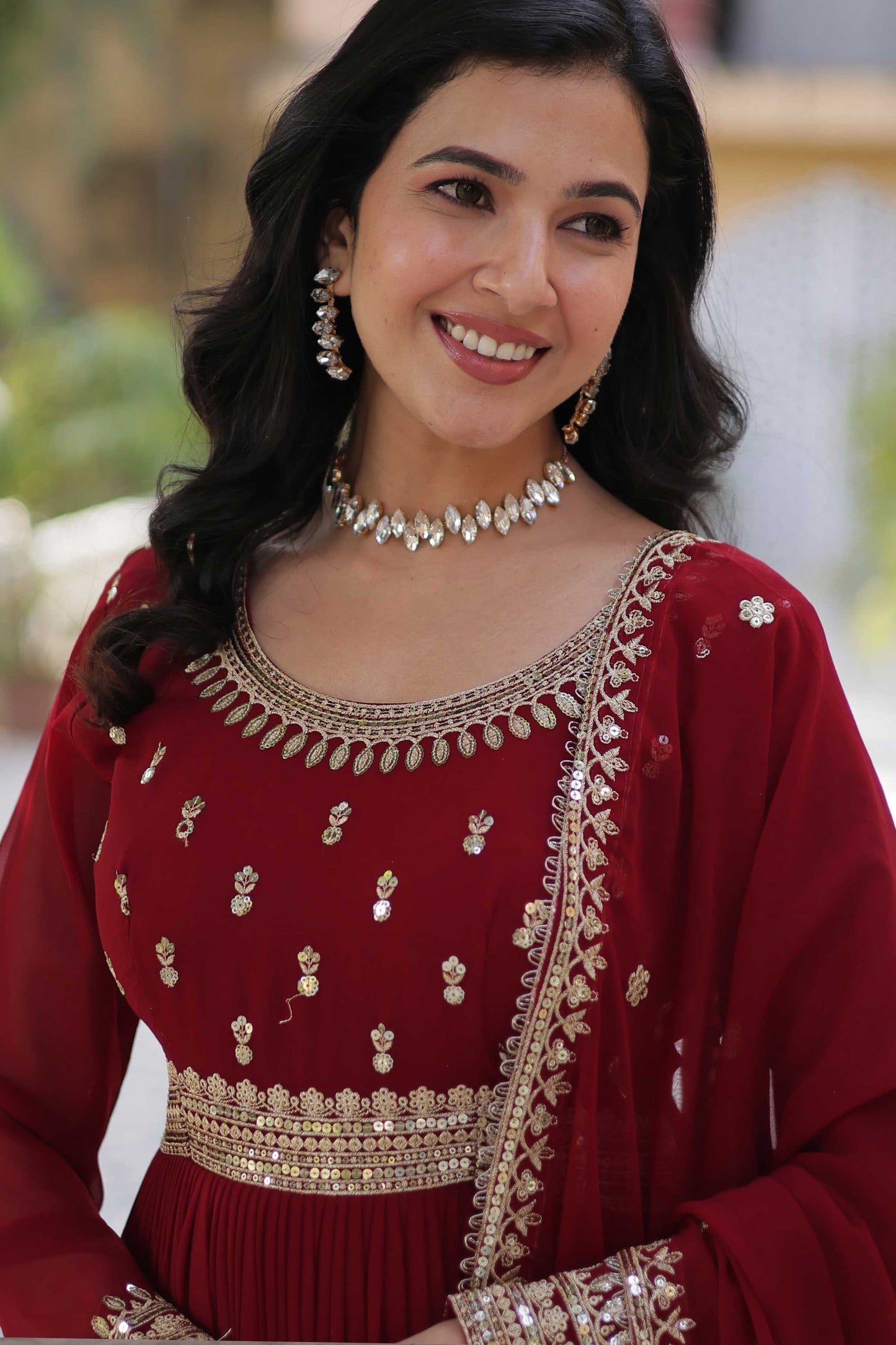 Elegant Faux Blooming Embroidered Gown with Dupatta – Zari & Sequins Work