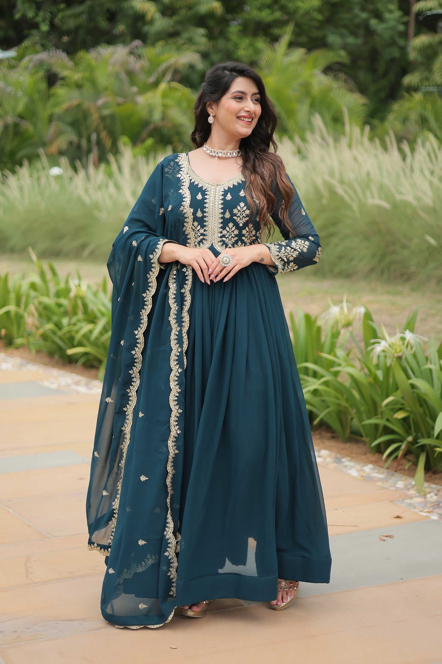 Premium Readymade Gown with Dupatta – Faux Blooming with Multi-Sequins & Zari Embroidery