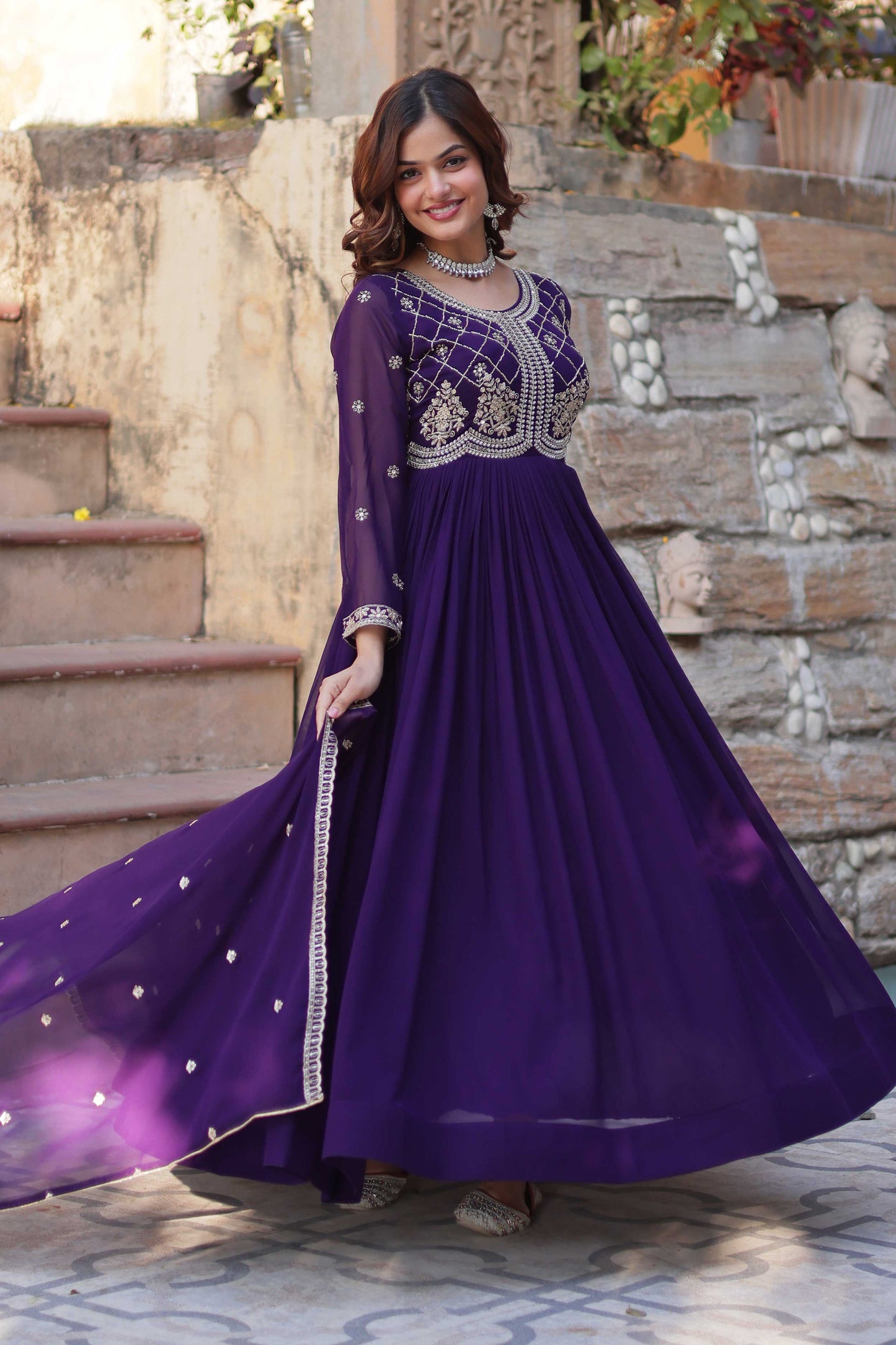 Premium Readymade Faux Blooming Gown with Sequins & Beads Embroidery + Dupatta – Elegant Full-Length Ensemble