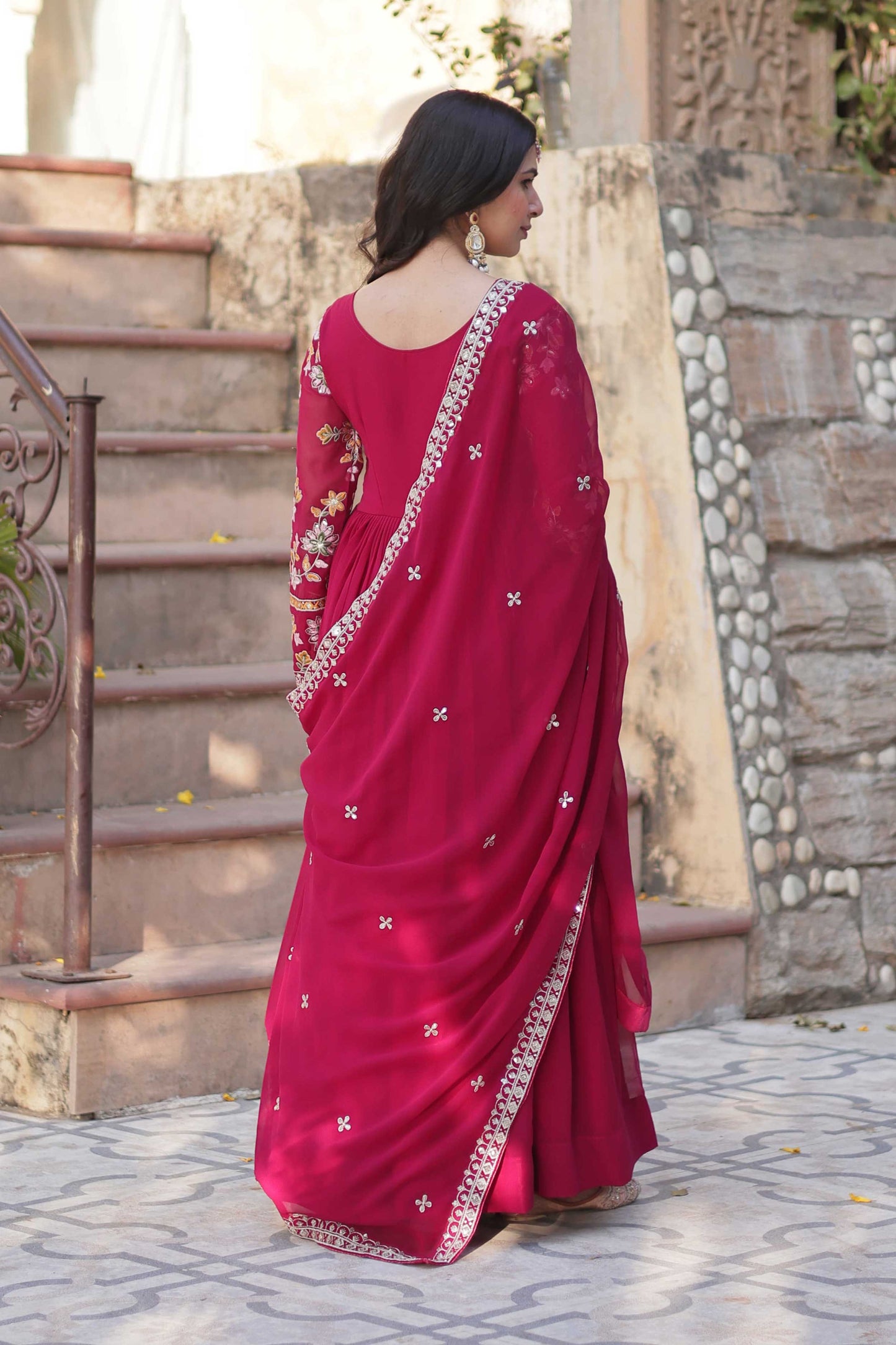 Premium Designer Readymade Gown with Dupatta – Zari & Sequins Embroidery