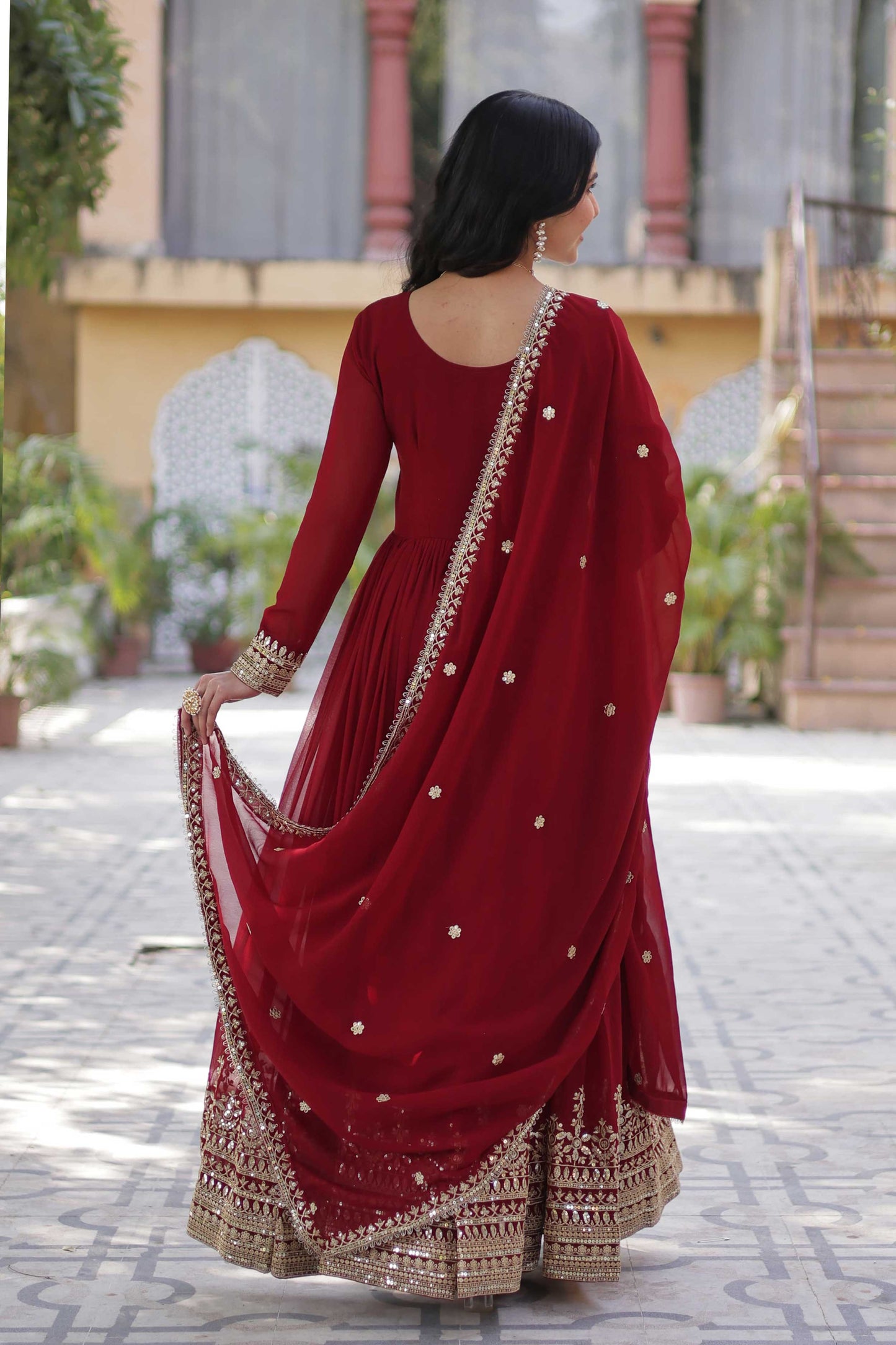 Elegant Faux Blooming Embroidered Gown with Dupatta – Zari & Sequins Work
