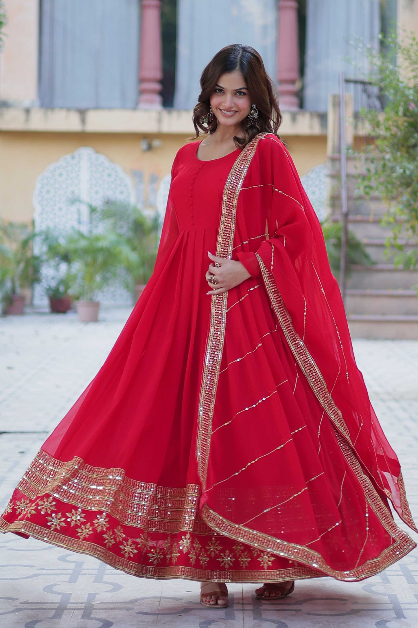 Faux Blooming Embroidered Gown with Dupatta – Multi-Sequins Work & Full Flair