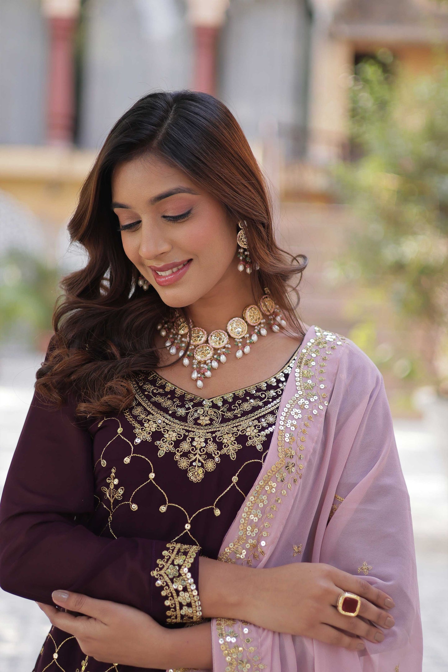 Premium Designer Kurti Plazzo Dupatta Set – Faux Blooming with Sequins Embroidery & Cutwork Dupatta