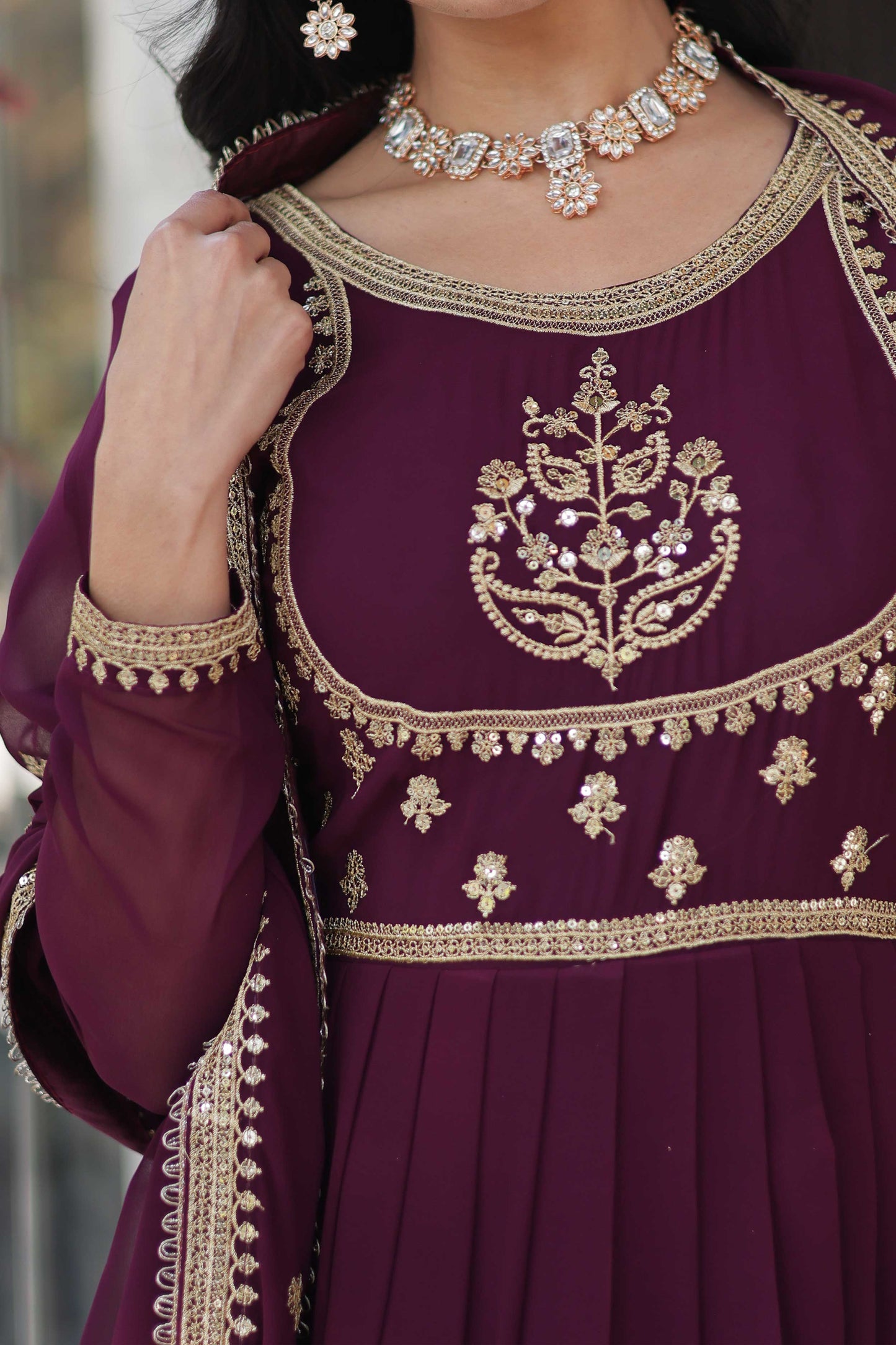 Faux Blooming Georgette Embroidered Gown with Dupatta β Rich Sequins Work & Lace Border
