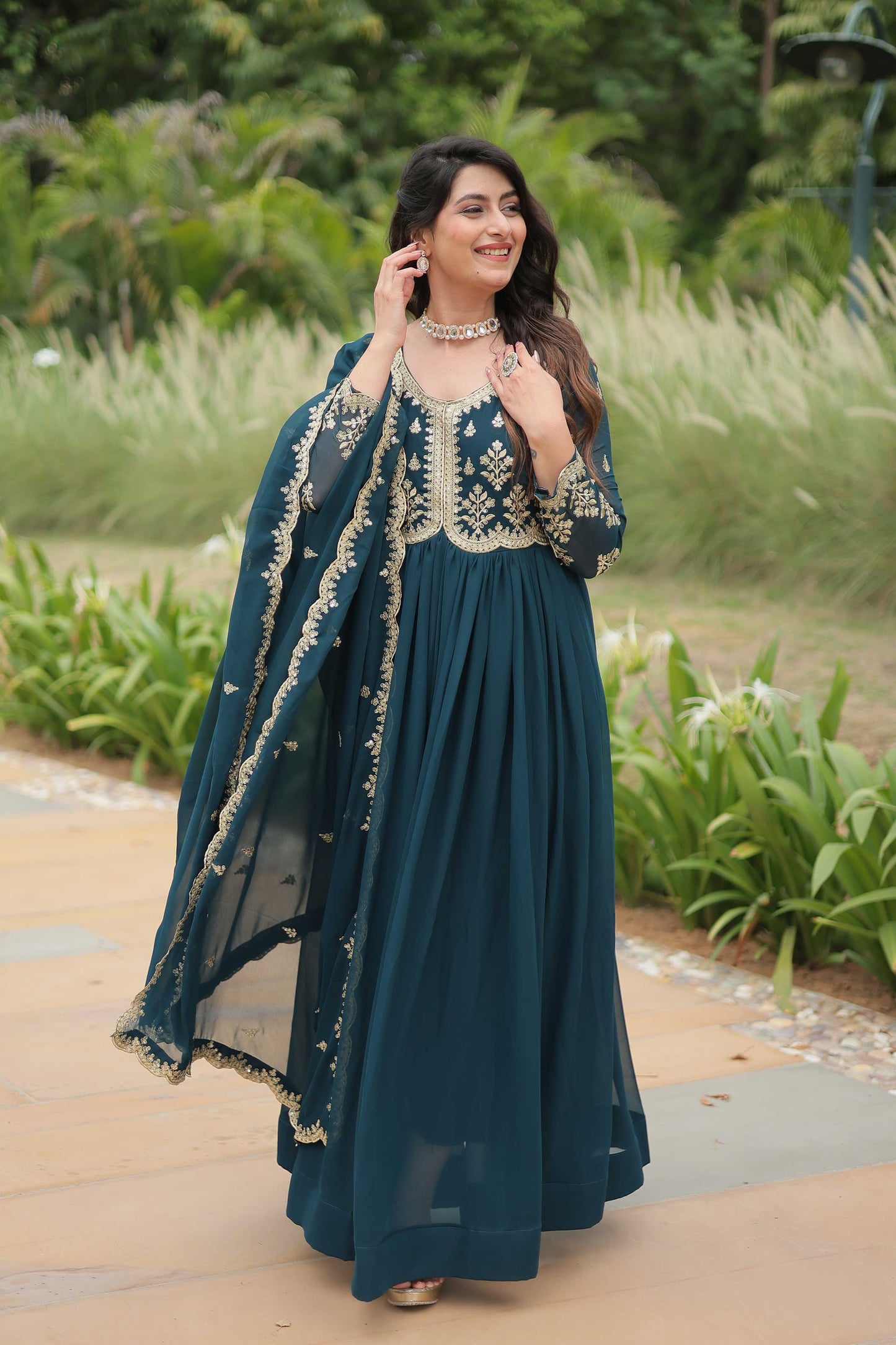 Premium Readymade Gown with Dupatta – Faux Blooming with Multi-Sequins & Zari Embroidery