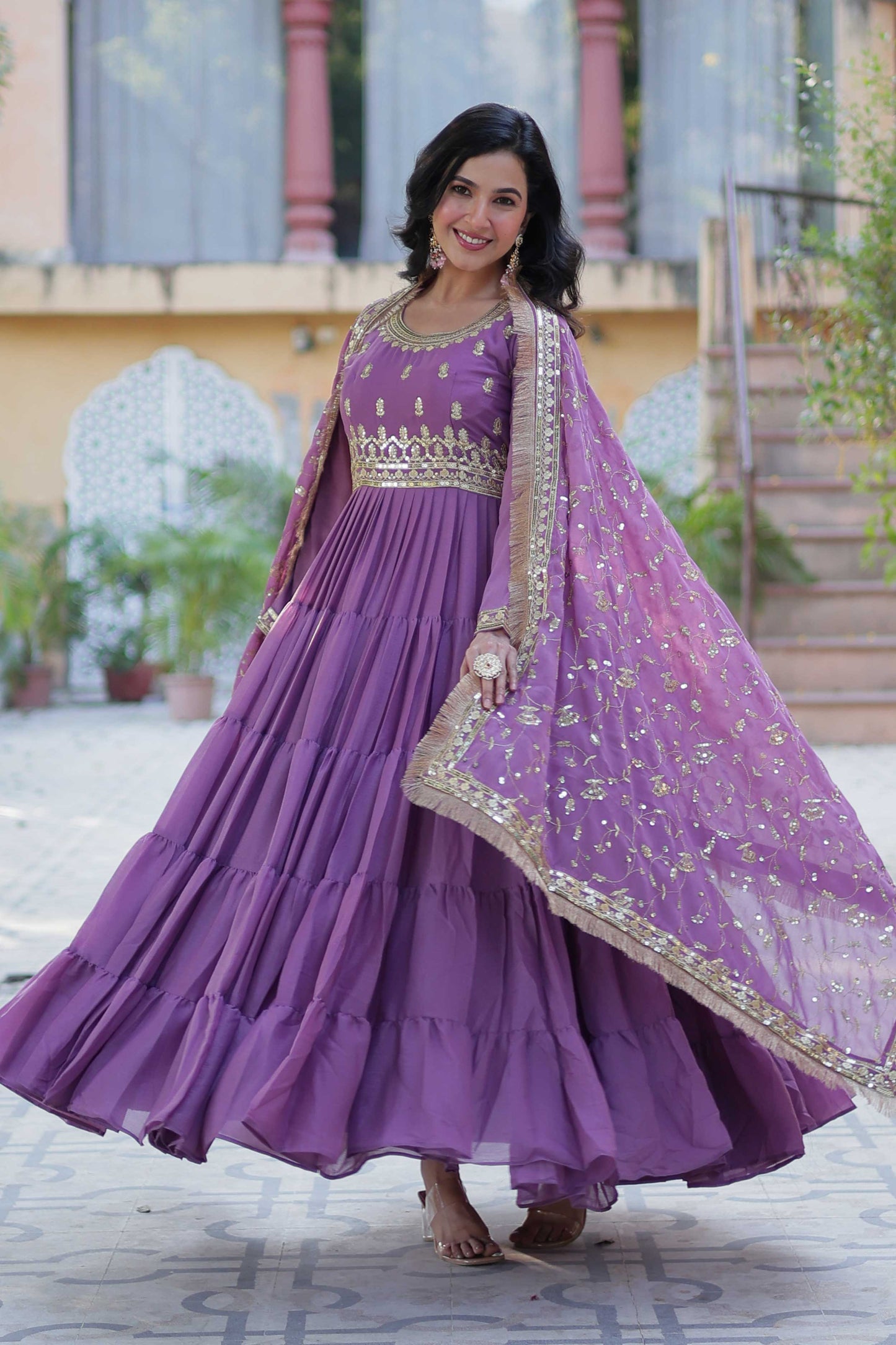 Women's Fully Flared Star Georgette Gown with Embroidered Dupatta – 15-Meter Flair & 5-Layer Frill Stitching