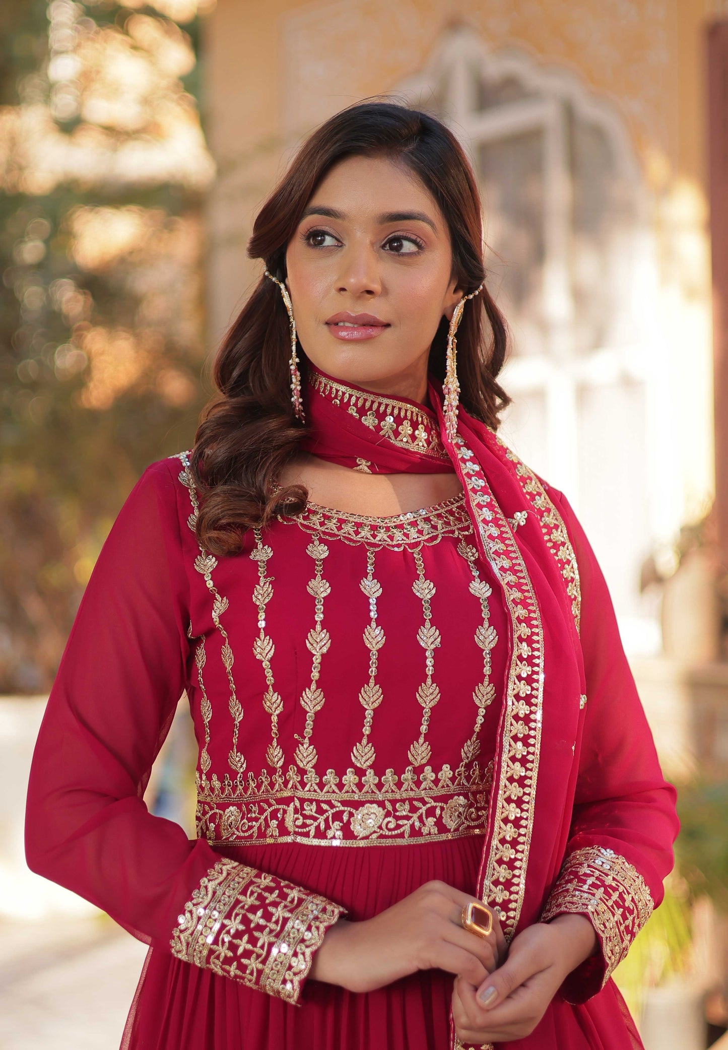Premium Designer Readymade Gown with Dupatta – Zari & Sequins Embroidery