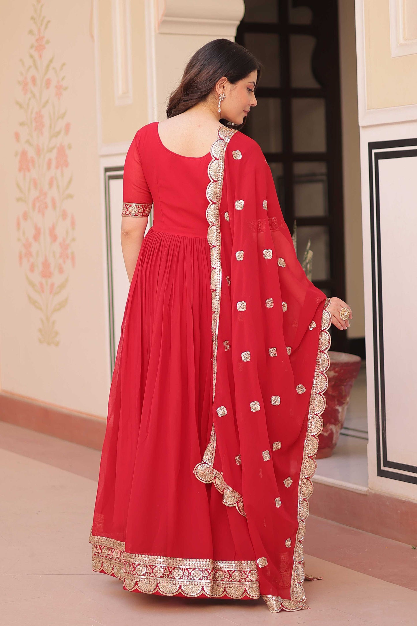 Designer Readymade Gown Set with Sequin Zari Work & Lace Dupatta