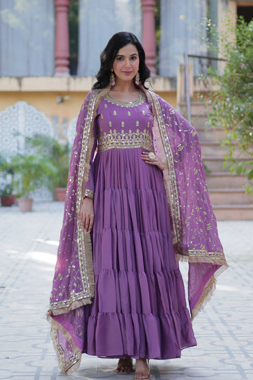 Women's Fully Flared Star Georgette Gown with Embroidered Dupatta – 15-Meter Flair & 5-Layer Frill Stitching