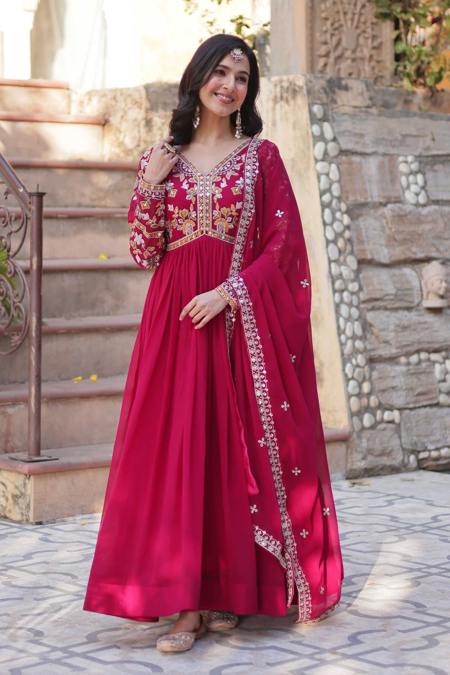 Premium Designer Readymade Gown with Dupatta – Zari & Sequins Embroidery