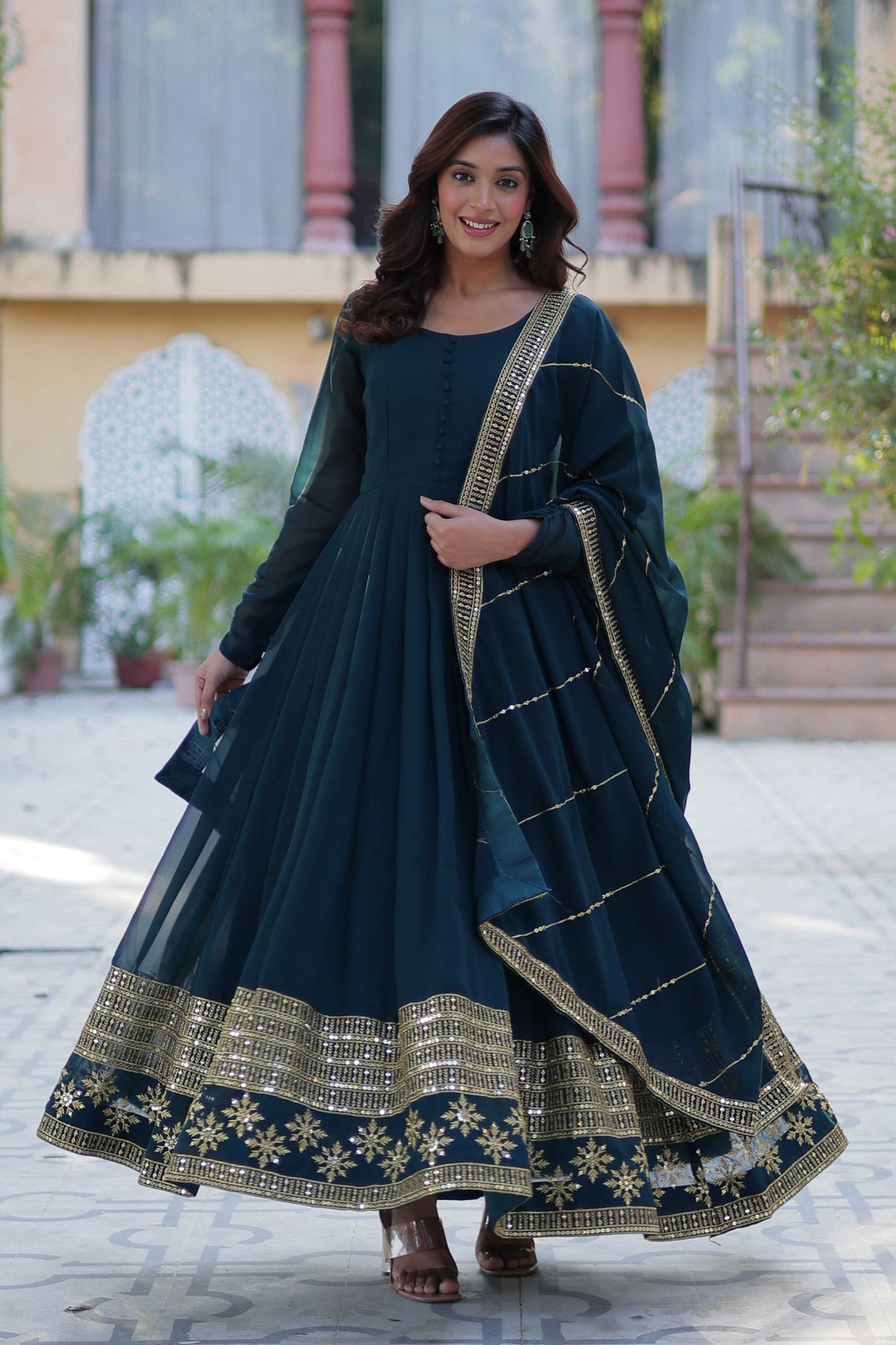 Faux Blooming Embroidered Gown with Dupatta – Multi-Sequins Work & Full Flair