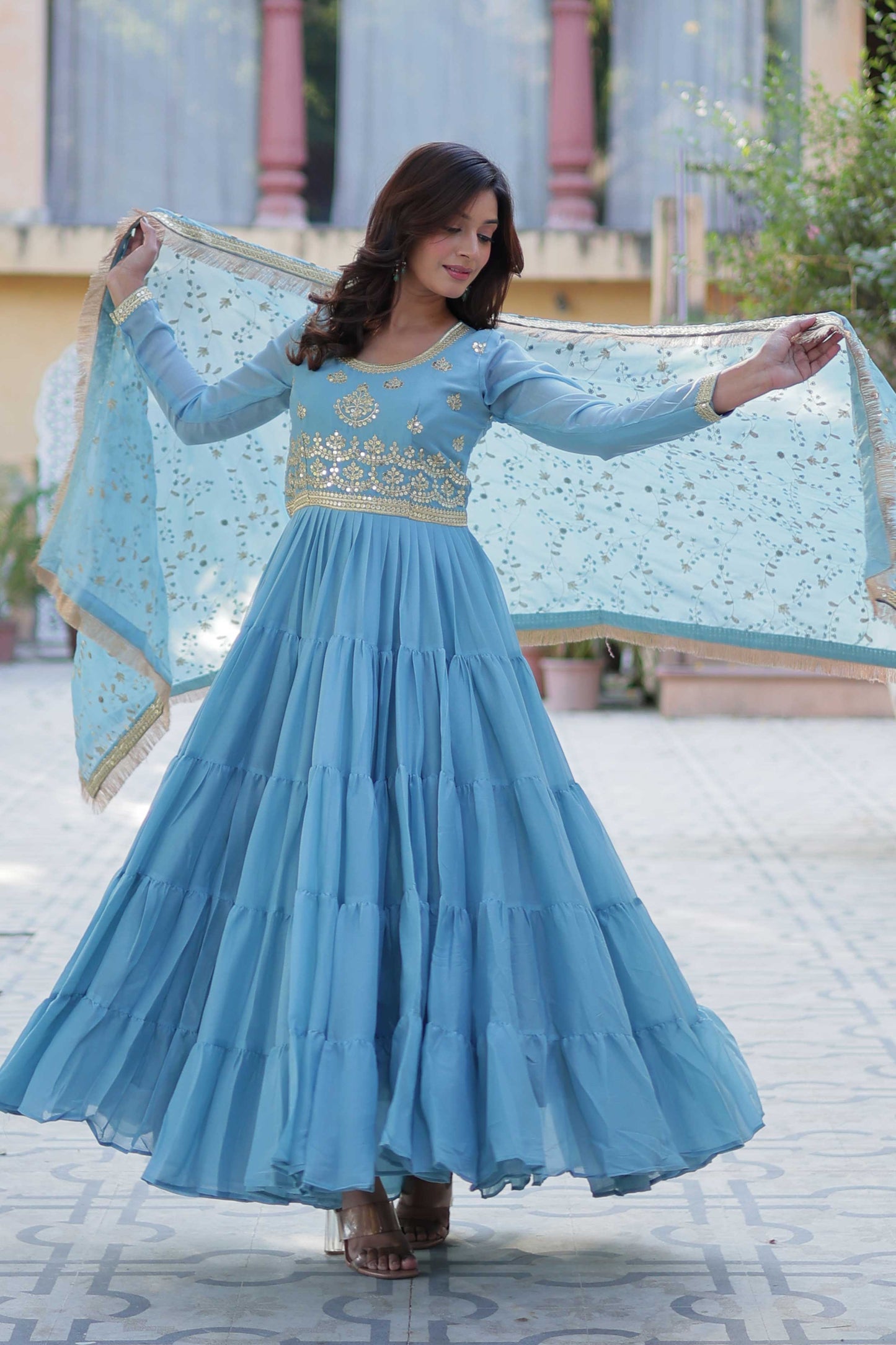 Women's Fully Flared Star Georgette Gown with Embroidered Dupatta – 15-Meter Flair & 5-Layer Frill Stitching