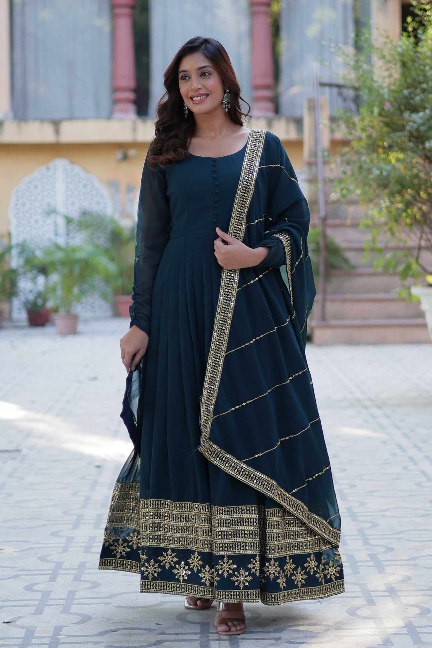 Faux Blooming Embroidered Gown with Dupatta – Multi-Sequins Work & Full Flair