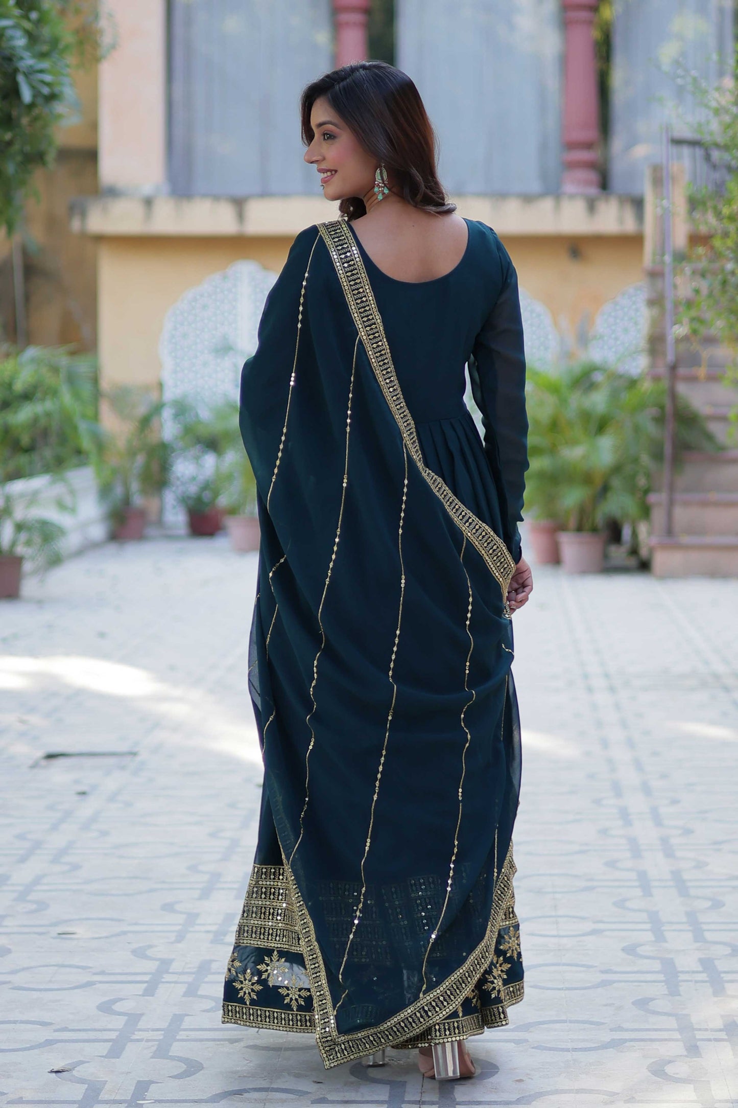 Faux Blooming Embroidered Gown with Dupatta – Multi-Sequins Work & Full Flair
