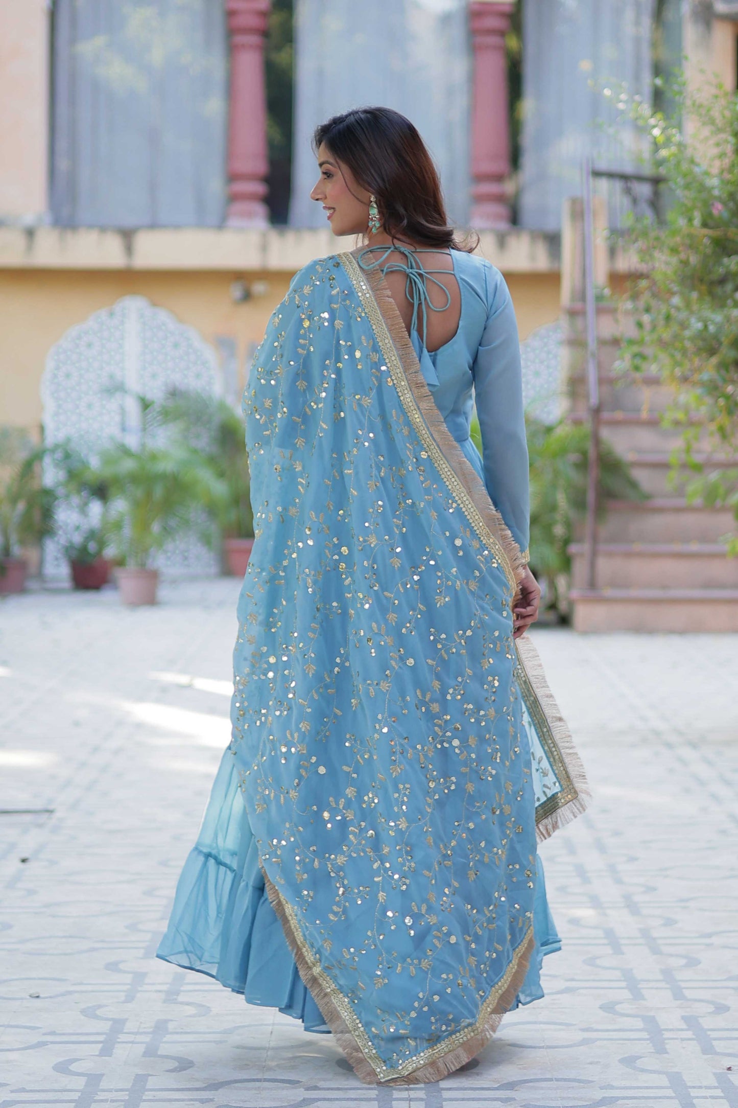 Women's Fully Flared Star Georgette Gown with Embroidered Dupatta – 15-Meter Flair & 5-Layer Frill Stitching
