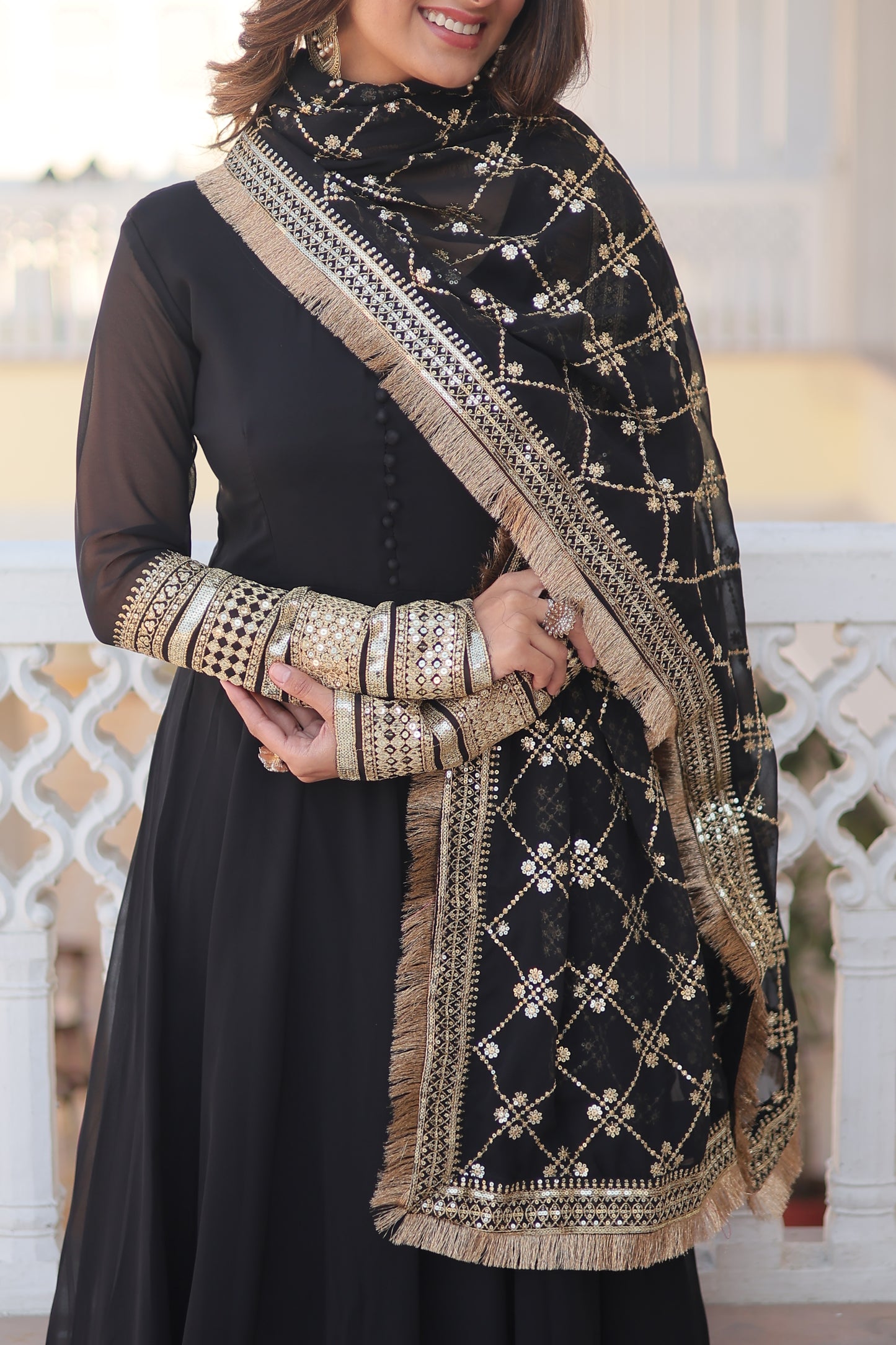 Faux Blooming Embroidered Gown with Dupatta – Sequins Work & 4-Meter Flair