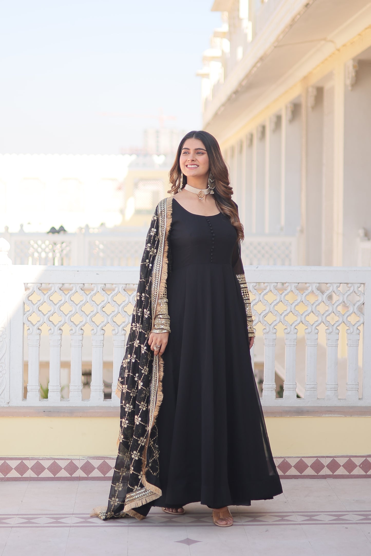 Faux Blooming Embroidered Gown with Dupatta – Sequins Work & 4-Meter Flair
