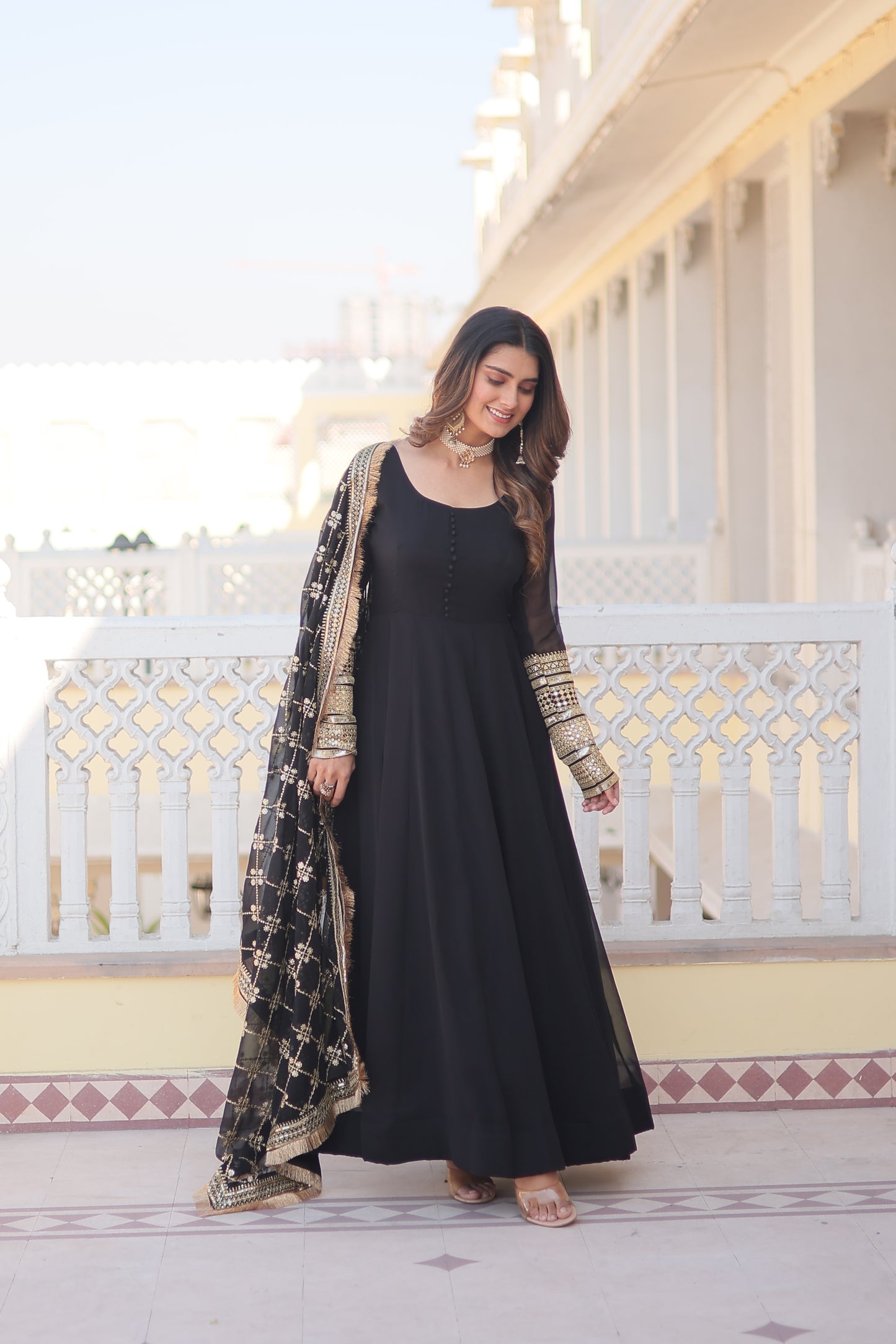 Faux Blooming Embroidered Gown with Dupatta – Sequins Work & 4-Meter Flair