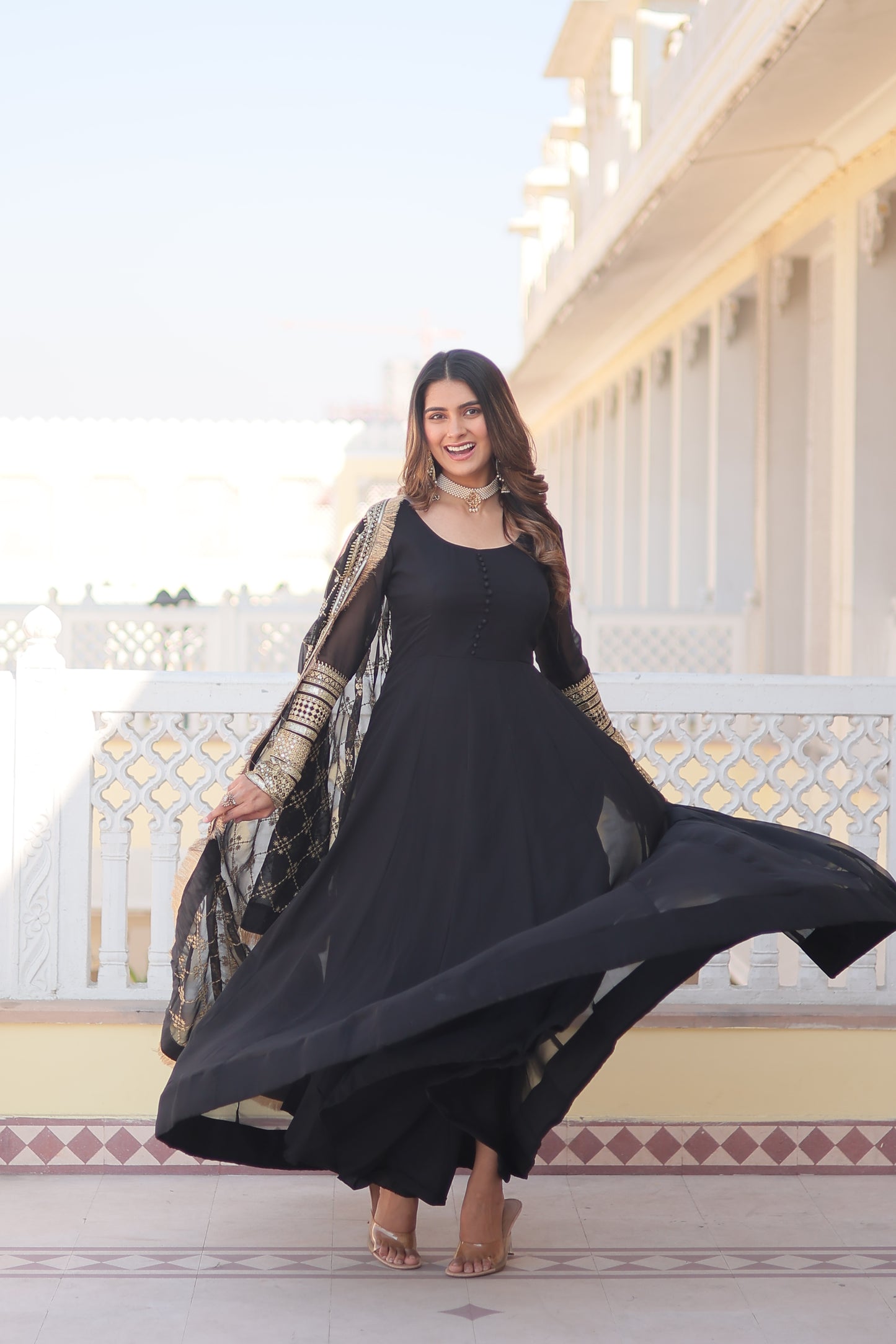 Faux Blooming Embroidered Gown with Dupatta – Sequins Work & 4-Meter Flair