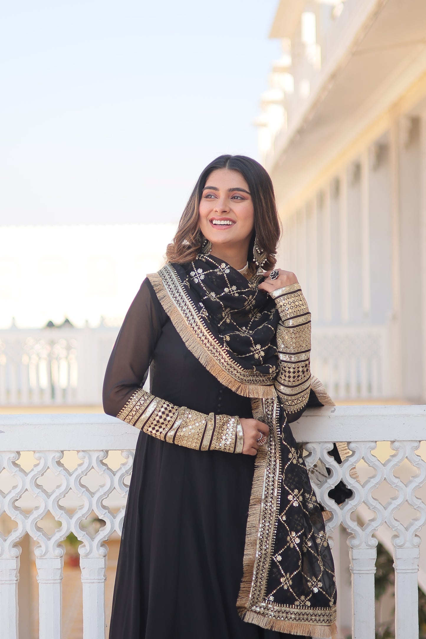 Faux Blooming Embroidered Gown with Dupatta – Sequins Work & 4-Meter Flair