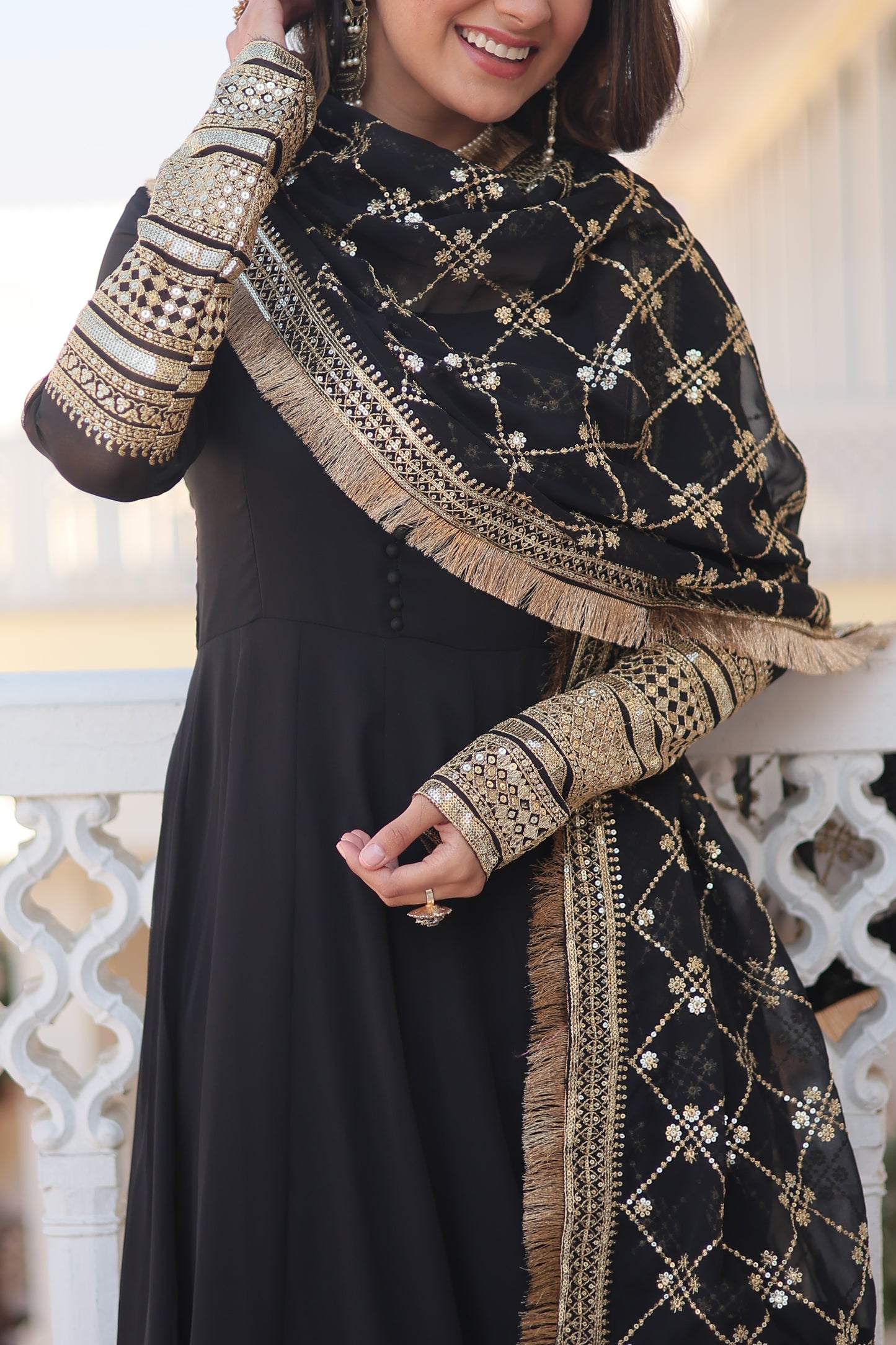Faux Blooming Embroidered Gown with Dupatta – Sequins Work & 4-Meter Flair
