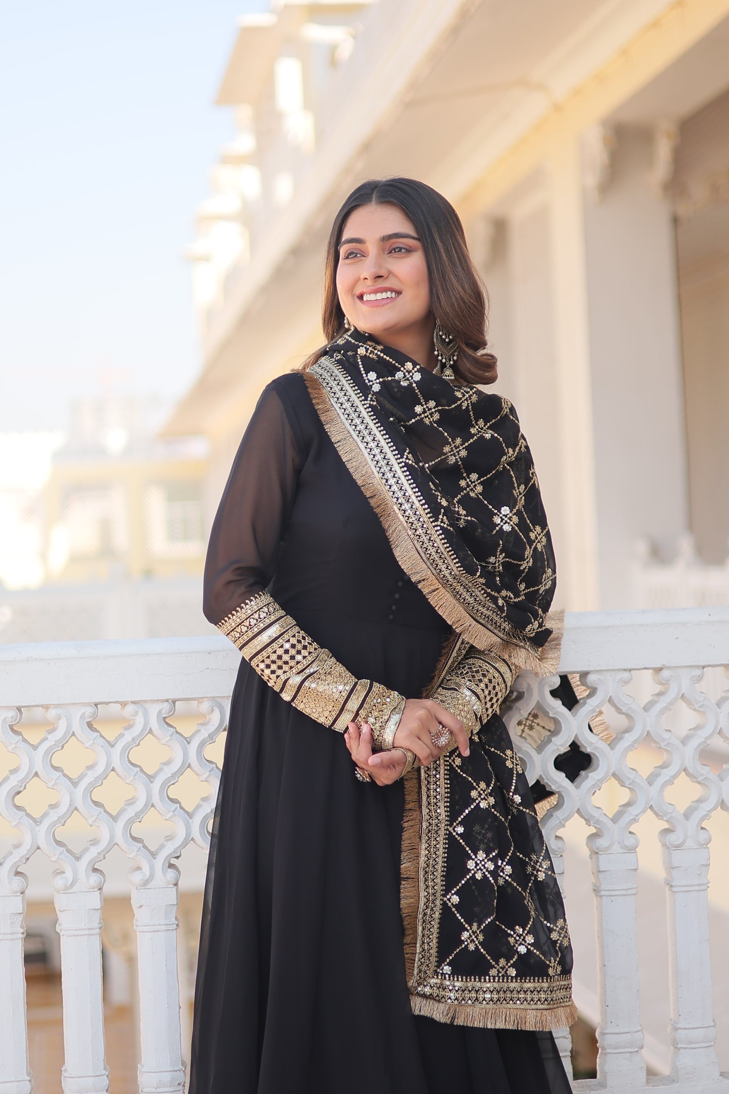 Faux Blooming Embroidered Gown with Dupatta – Sequins Work & 4-Meter Flair