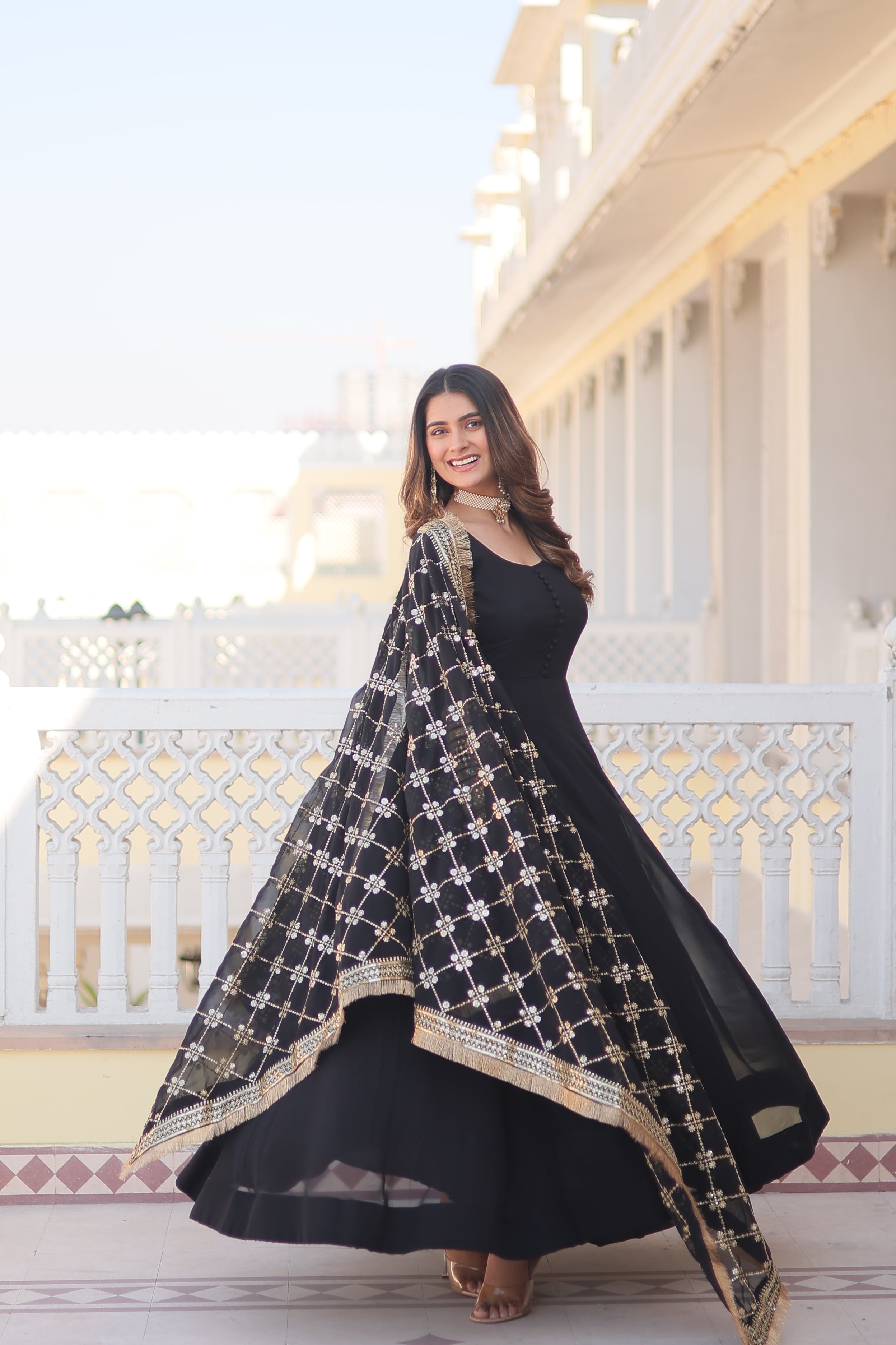 Faux Blooming Embroidered Gown with Dupatta – Sequins Work & 4-Meter Flair