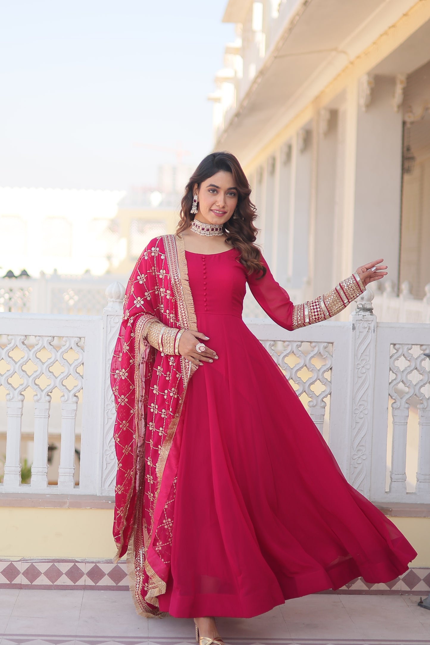 Faux Blooming Embroidered Gown with Dupatta – Sequins Work & 4-Meter Flair