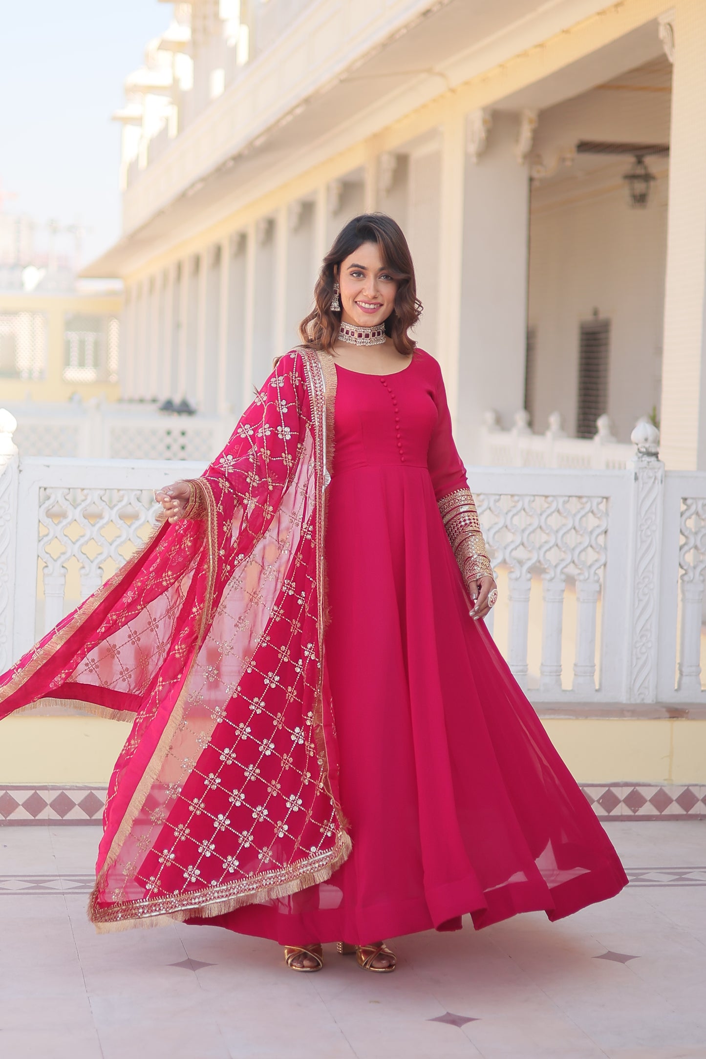 Faux Blooming Embroidered Gown with Dupatta – Sequins Work & 4-Meter Flair