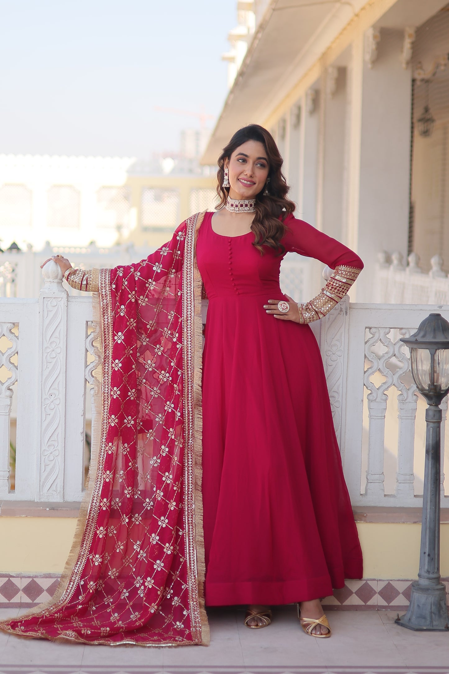 Faux Blooming Embroidered Gown with Dupatta – Sequins Work & 4-Meter Flair