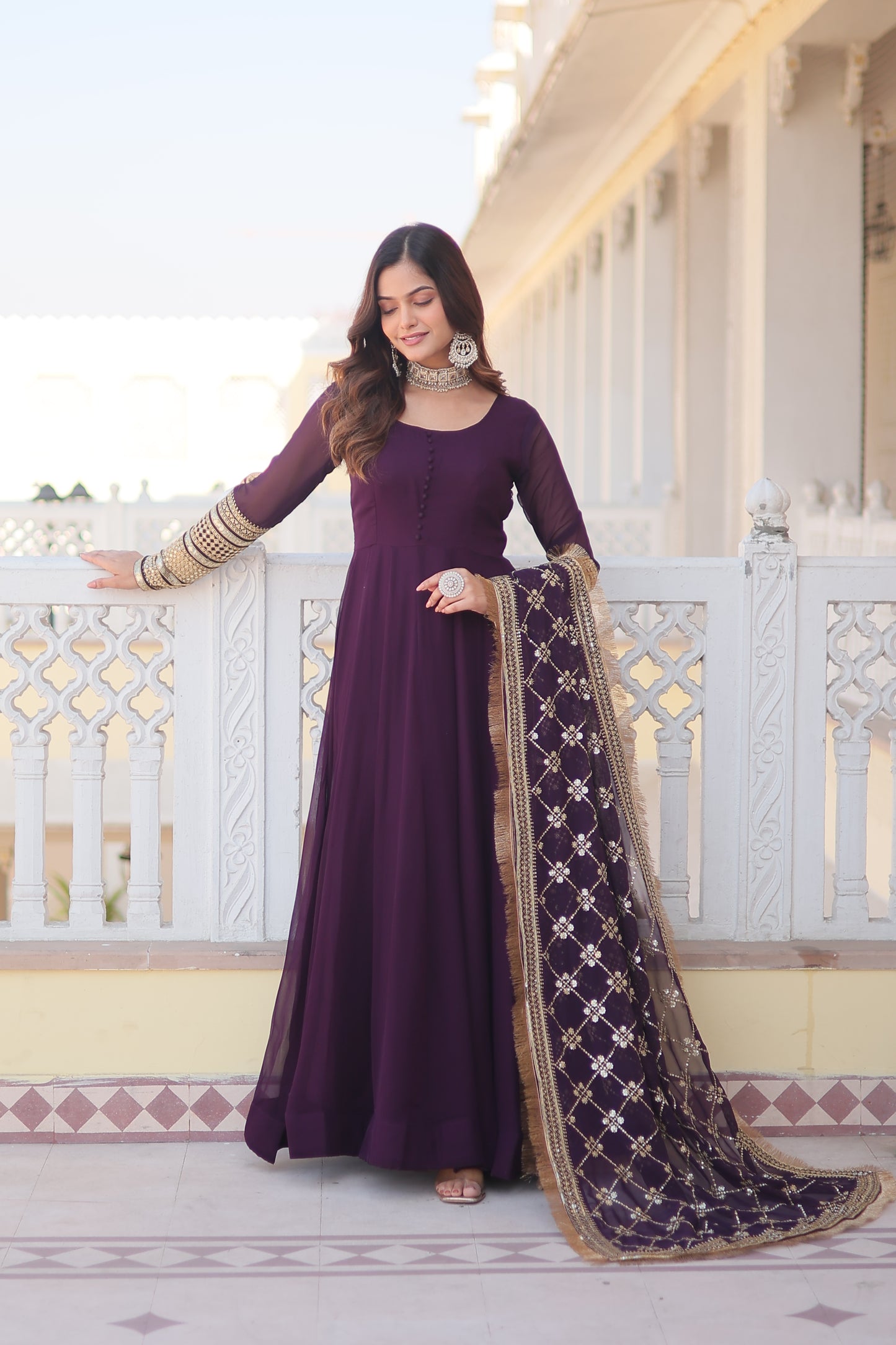 Faux Blooming Embroidered Gown with Dupatta – Sequins Work & 4-Meter Flair