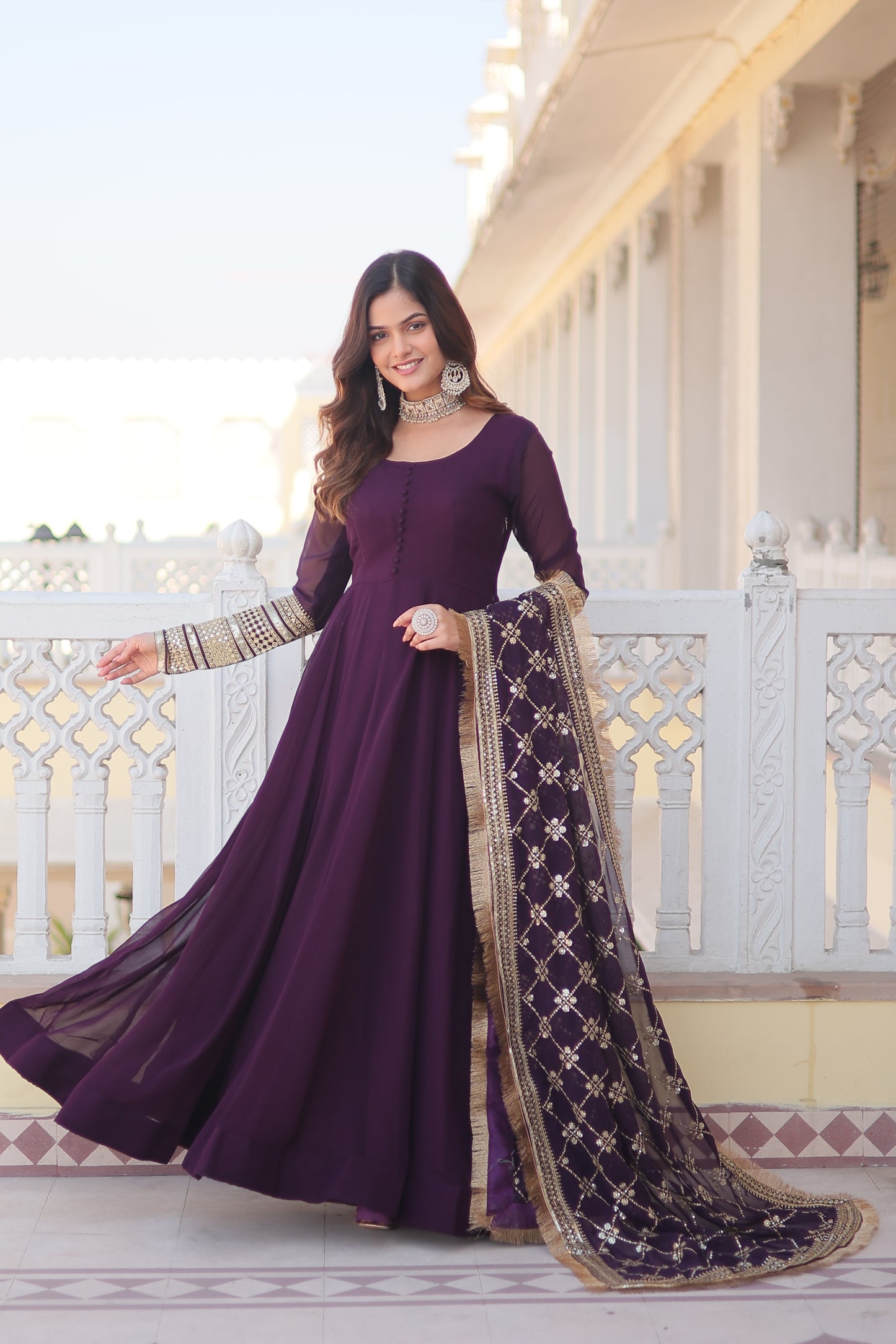 Faux Blooming Embroidered Gown with Dupatta – Sequins Work & 4-Meter Flair