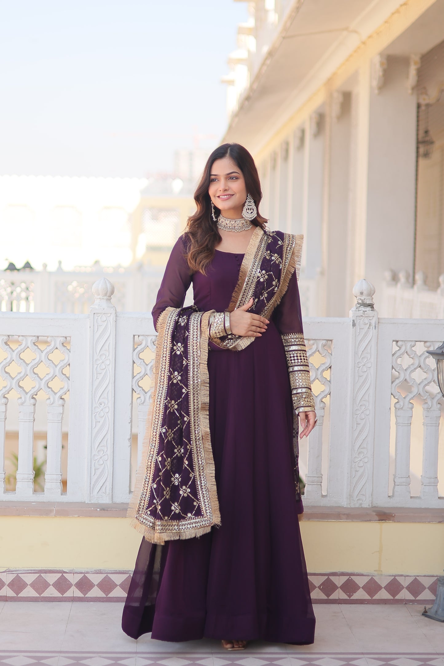 Faux Blooming Embroidered Gown with Dupatta – Sequins Work & 4-Meter Flair