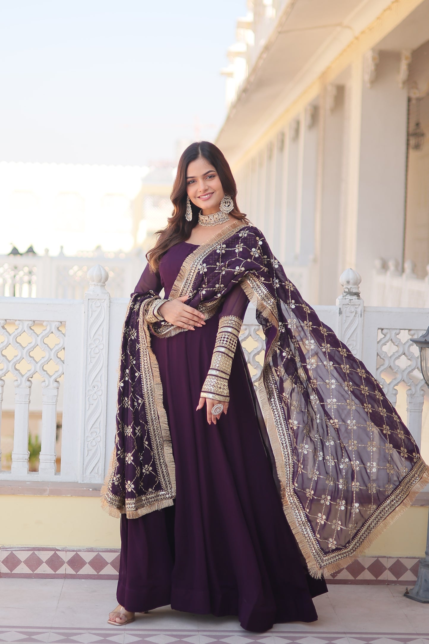 Faux Blooming Embroidered Gown with Dupatta – Sequins Work & 4-Meter Flair