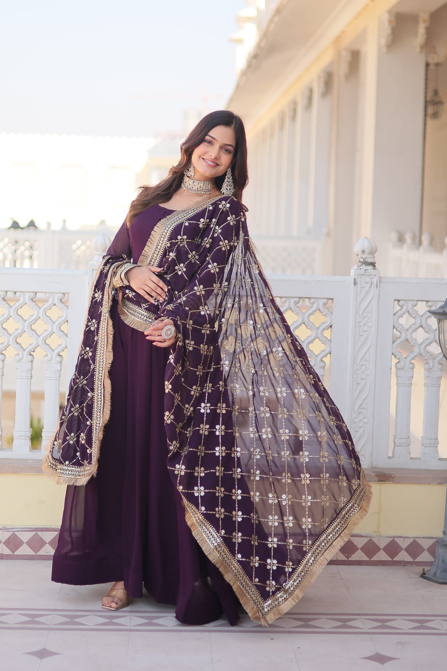 Faux Blooming Embroidered Gown with Dupatta – Sequins Work & 4-Meter Flair