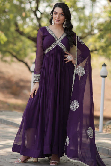 New Designer Party Wear Gown – Heavy Embroidery & Sequins Work with Dupatta | Ready-to-Wear Collection